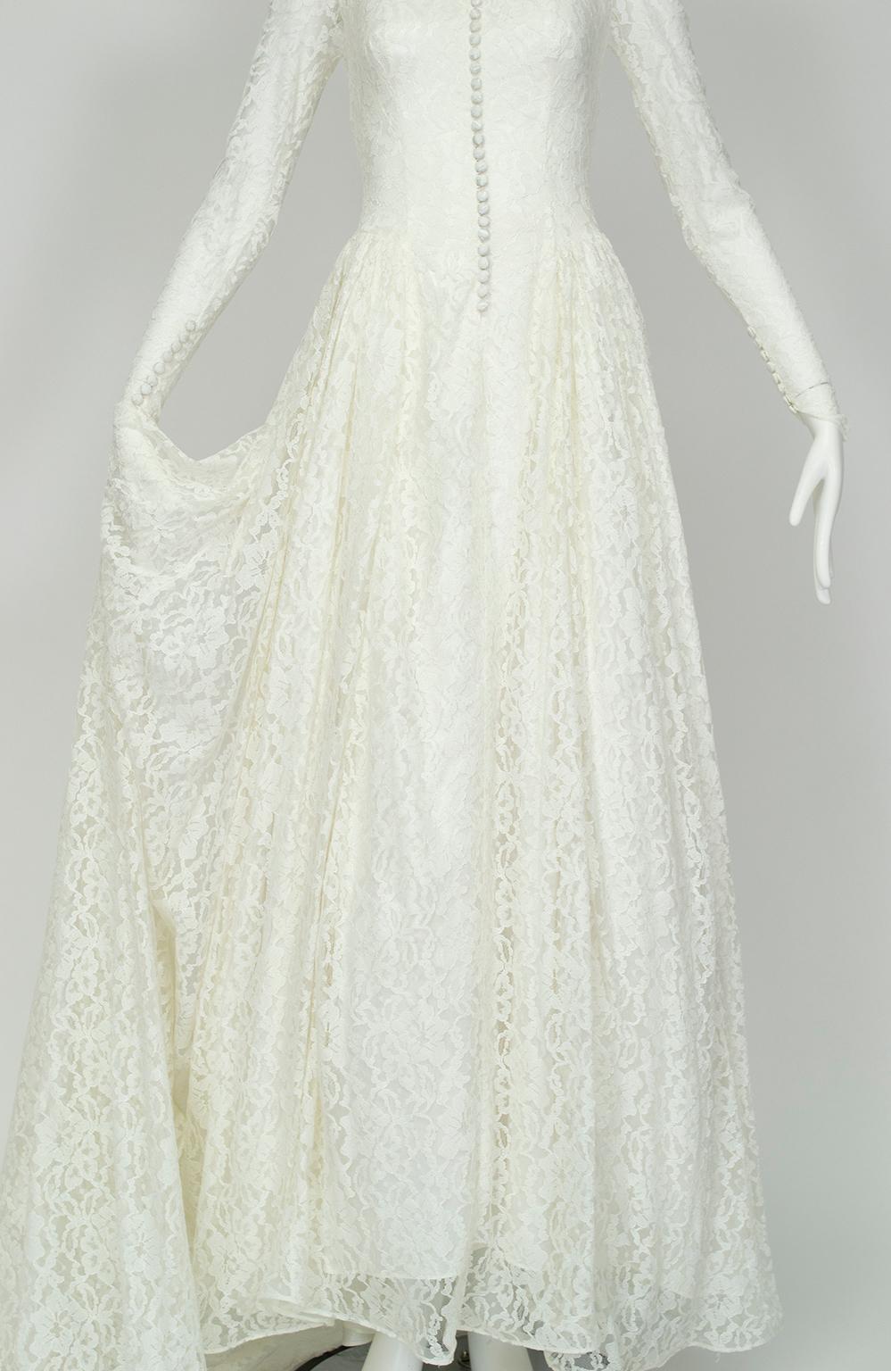 Grace Kelly Inspiriert Elfenbein High-Neck Illusion Hochzeitskleid und Cap - XS, 1951 im Zustand „Gut“ im Angebot in Tucson, AZ