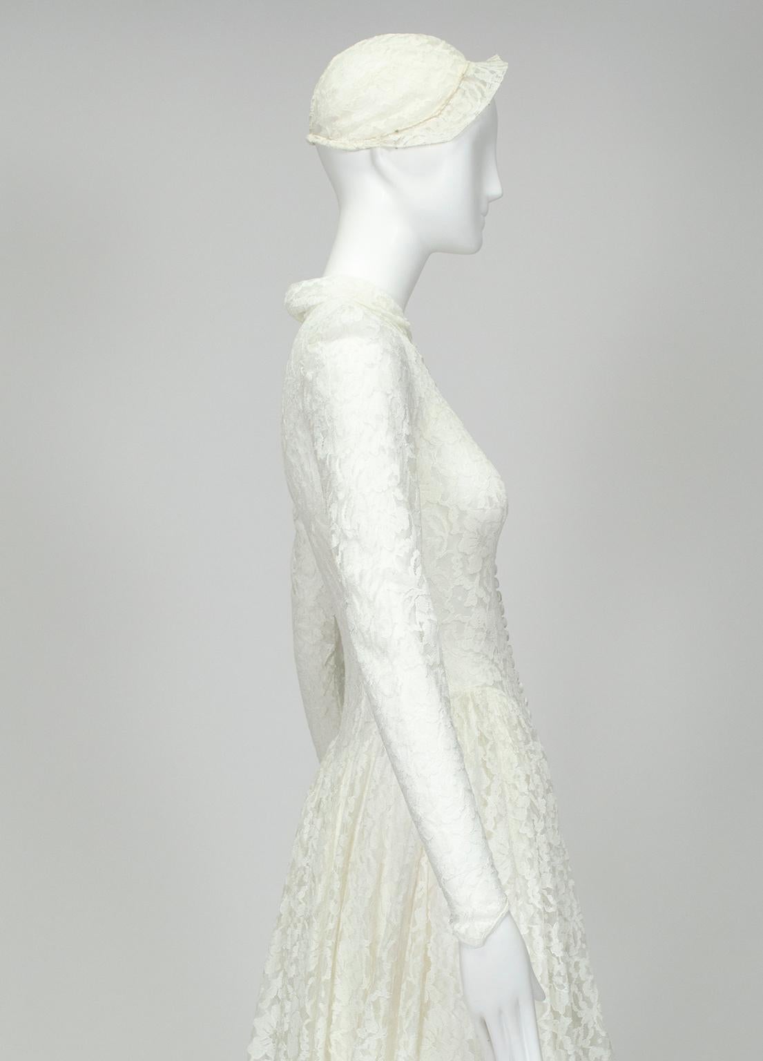 Grace Kelly Inspiriert Elfenbein High-Neck Illusion Hochzeitskleid und Cap - XS, 1951 Damen im Angebot