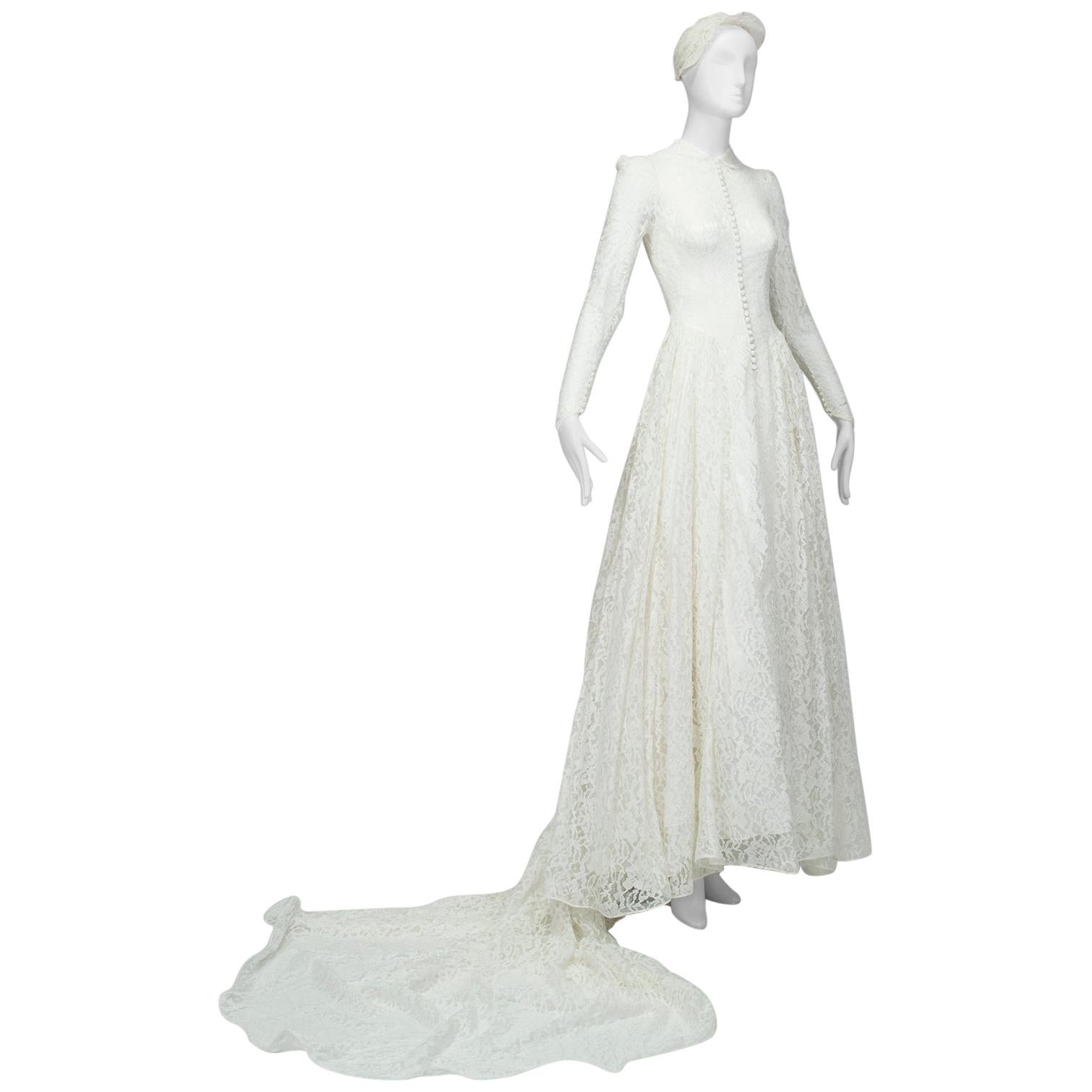 Grace Kelly Inspired Ivory High-Neck Illusion Wedding Gown and Cap – XS, 1951 For Sale