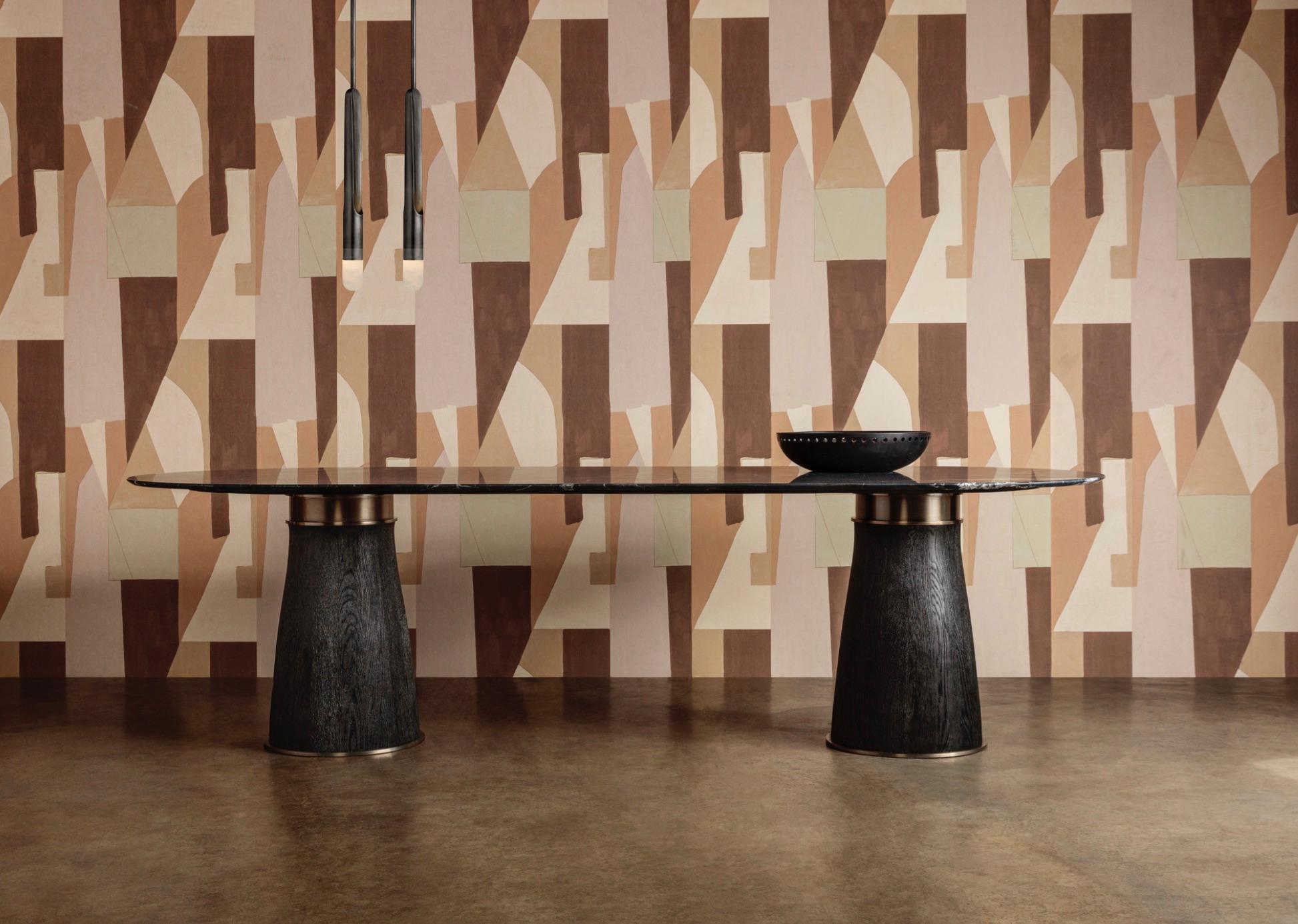 American Camden Double Pedestal Dining Table in Stone & Ebonized Wood by Kelly Wearstler