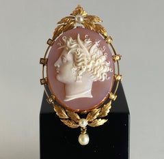 Camée Ancien En Agate, Profil De Femme, Monture En or 18 Carats Et Perles Fines