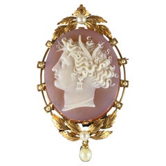 Antique Camée Ancien En Agate, Profil De Femme, Monture En or 18 Carats Et Perles Fines