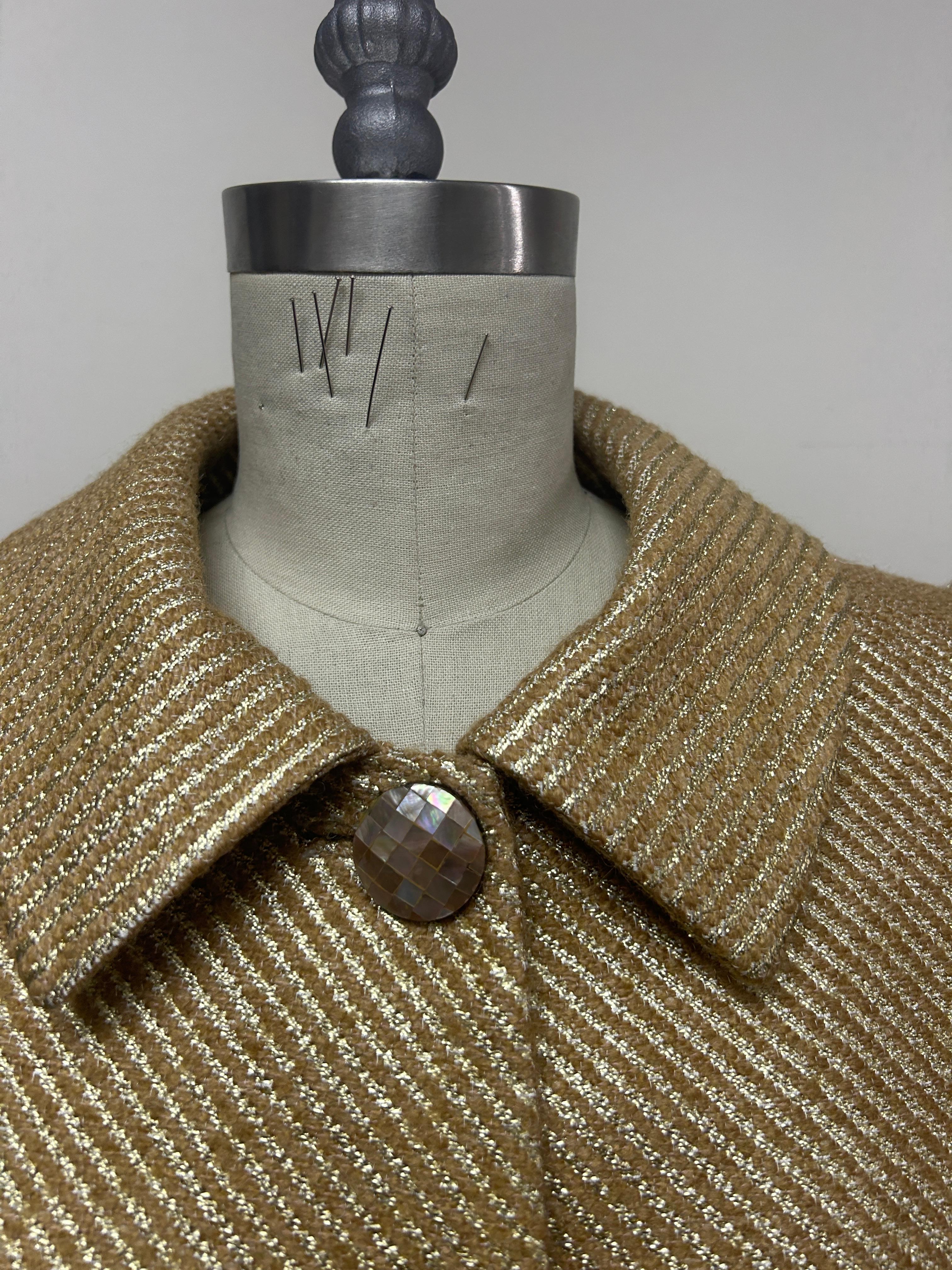 Brown Camel and Gold Wool Brocade Fitted Jacket For Sale