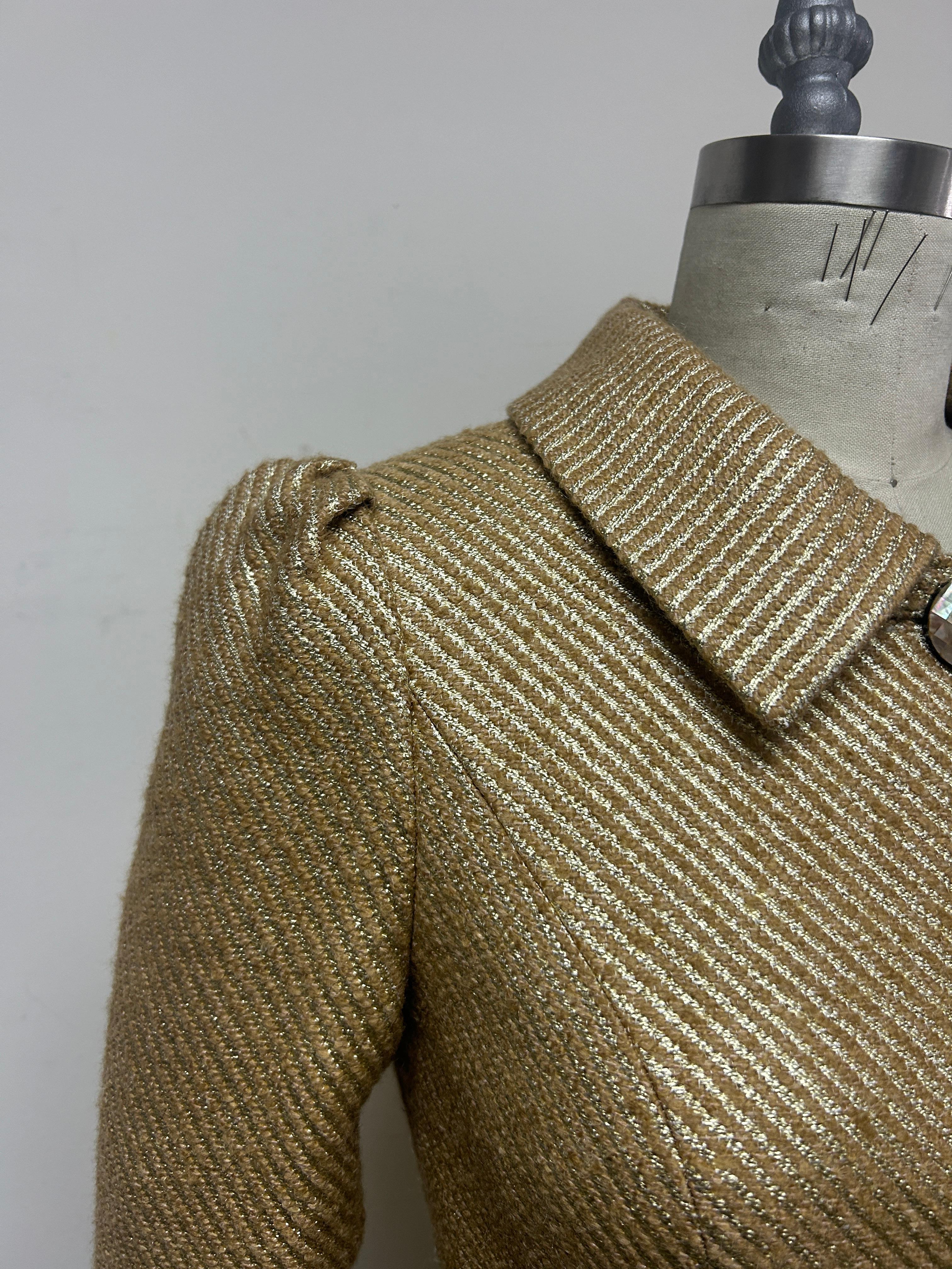 Women's Camel and Gold Wool Brocade Fitted Jacket For Sale