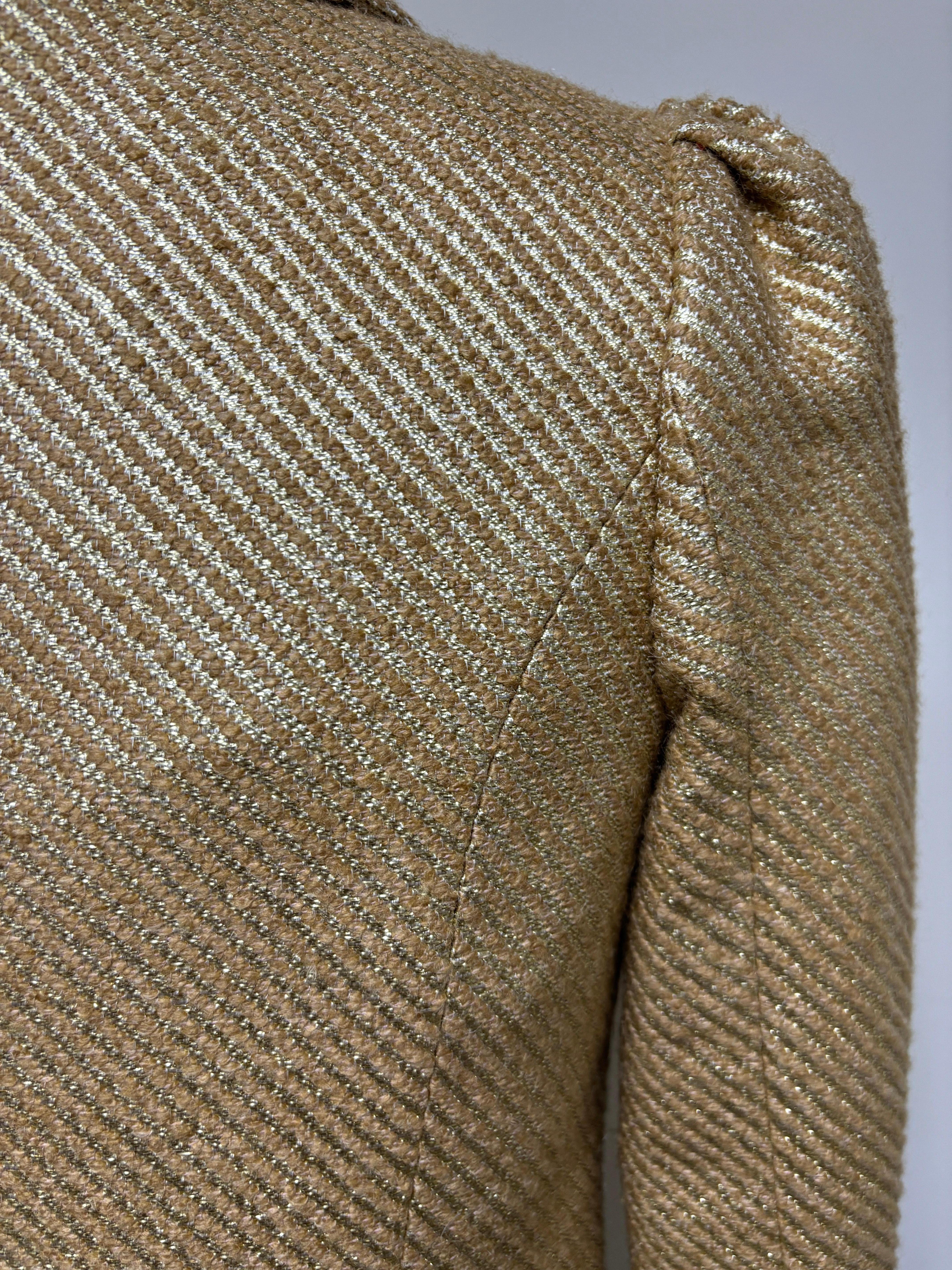 Camel and Gold Wool Brocade Fitted Jacket For Sale 2