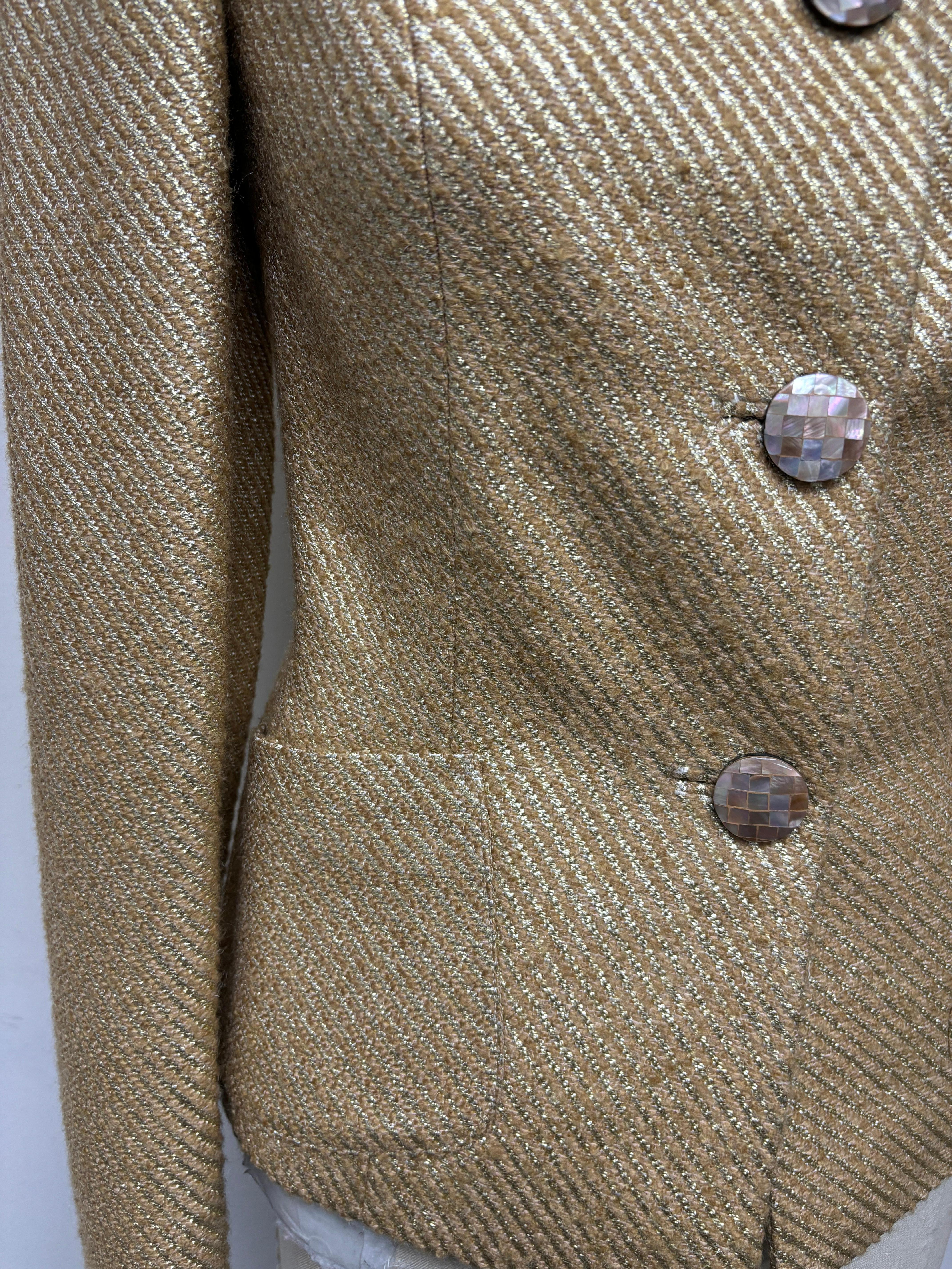 Camel and Gold Wool Brocade Fitted Jacket For Sale 3
