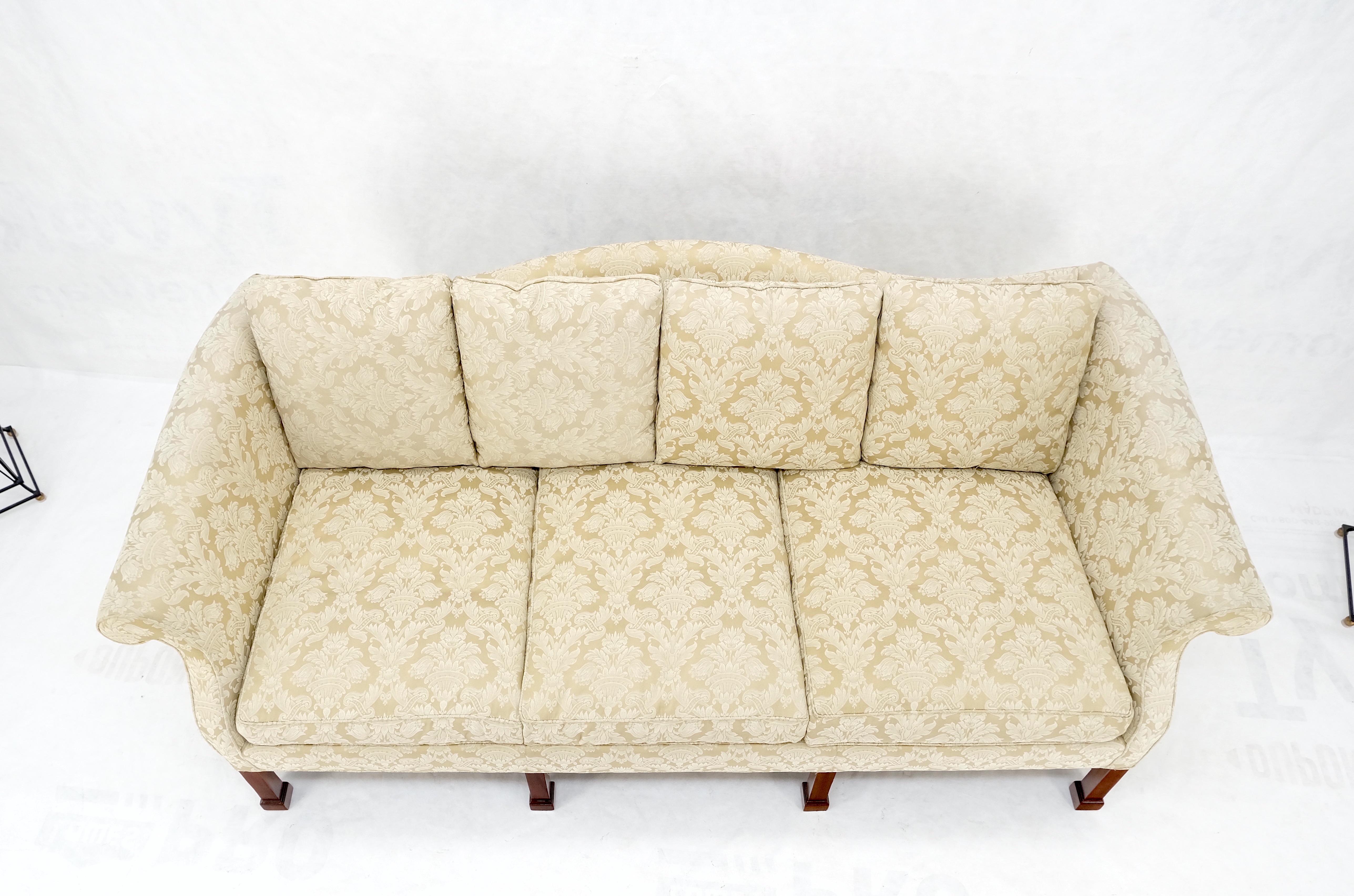 American Camel Back Federal Style Mahogany Stretcher Base Beige Upholstery Sofa Mint! For Sale