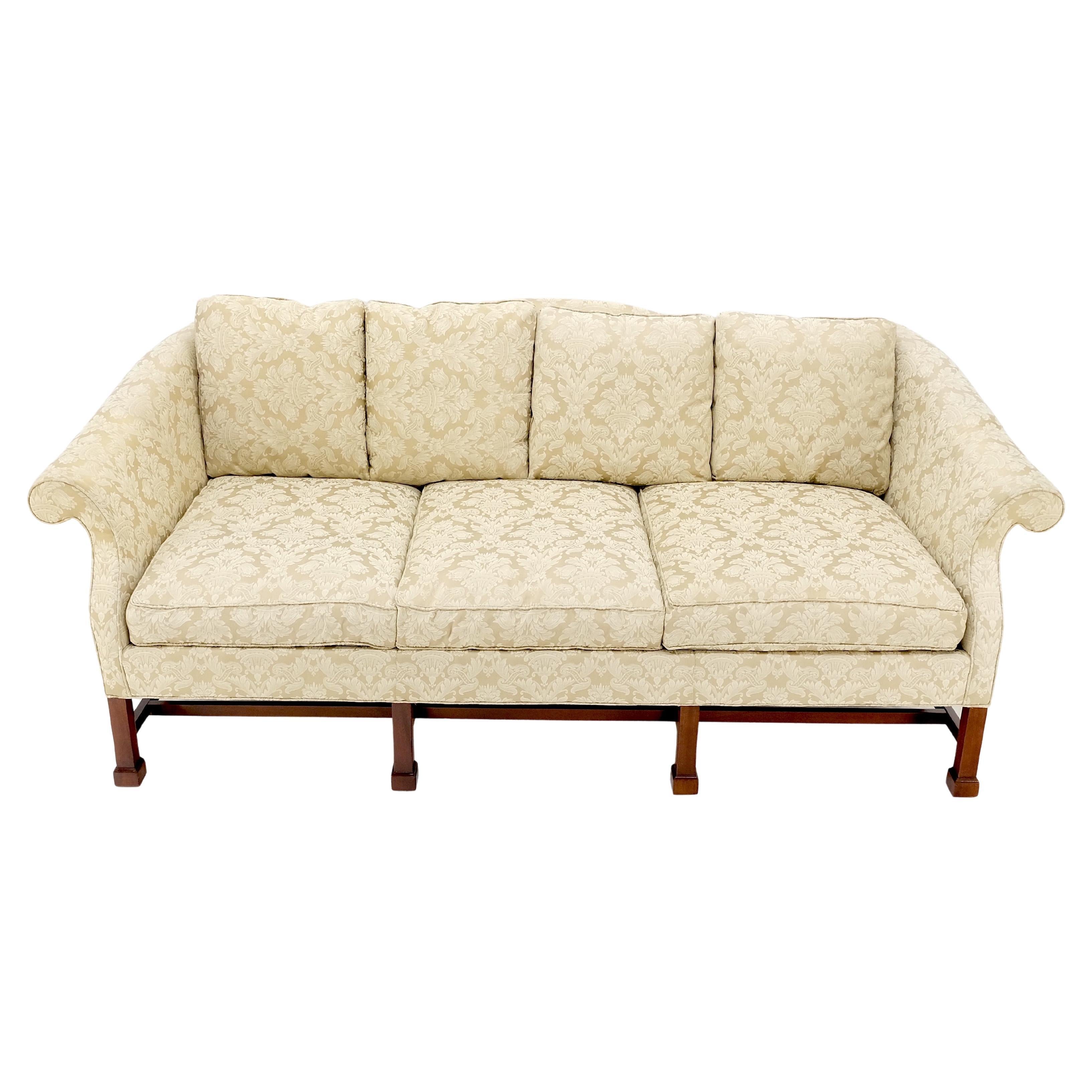 Camel Back Federal Style Mahogany Stretcher Base Beige Upholstery Sofa Mint! For Sale