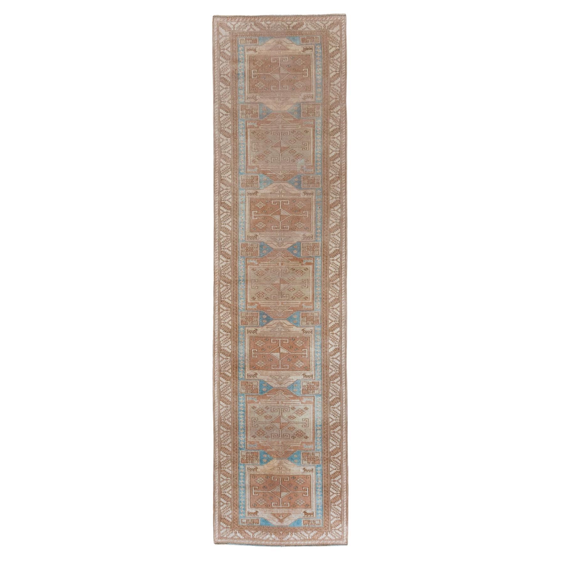 Camel Brown and Hyroglyphic Blue Oushak Runner