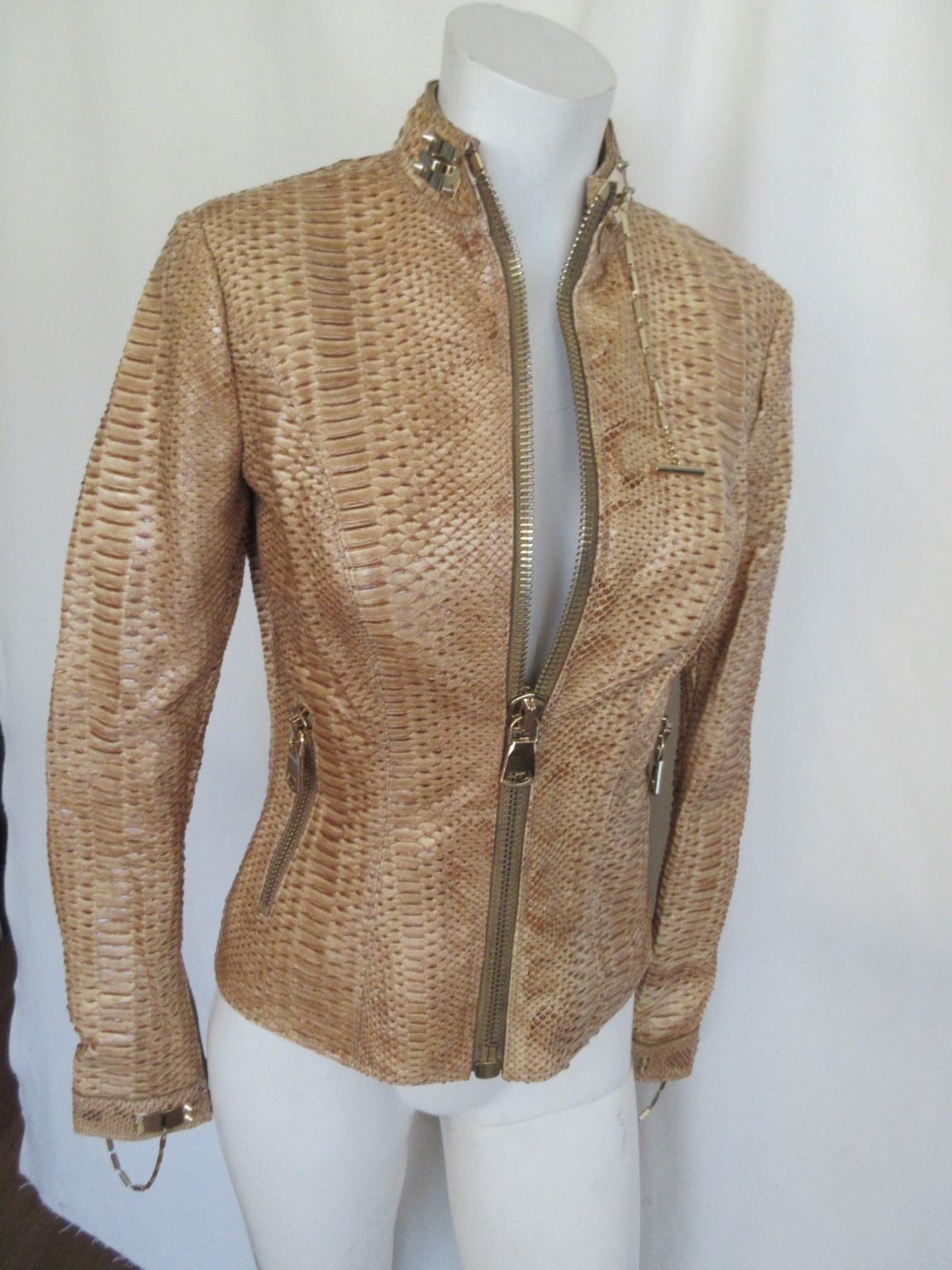 Camel Brown Exotic Leather Jacket Small 6 For Sale 9