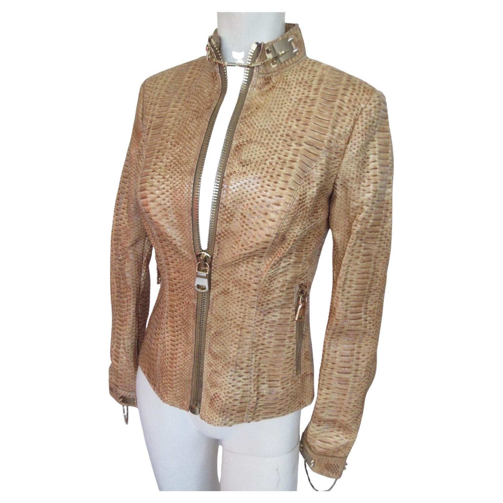 Camel Brown Exotic Leather Jacket Small 6 For Sale