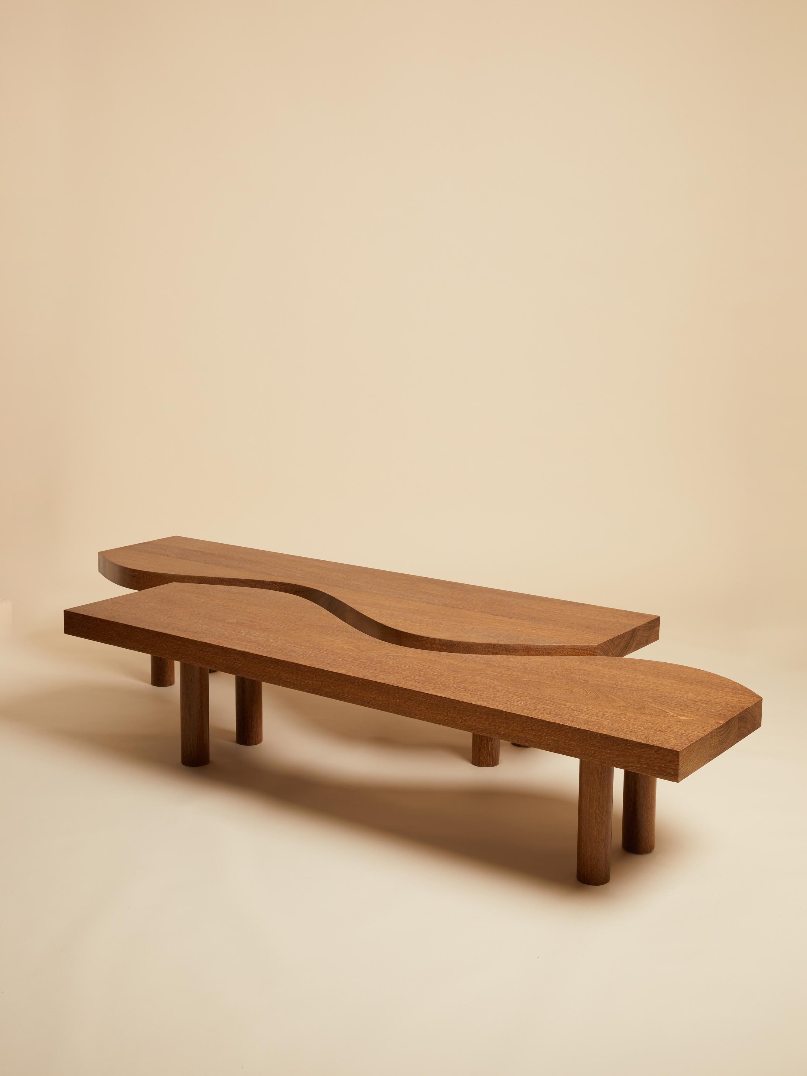 Table basse camel par EBUR
Dimensions : L 90 x P 200 x H 36 cm : L 90 x P 200 x H 36 cm.
MATERIAL : Bois massif de sucupira.
Poids : 40 Kg. 

La table basse Camel en bois massif de sucupira, un bois au grain dense rappelant le palmier, est composée