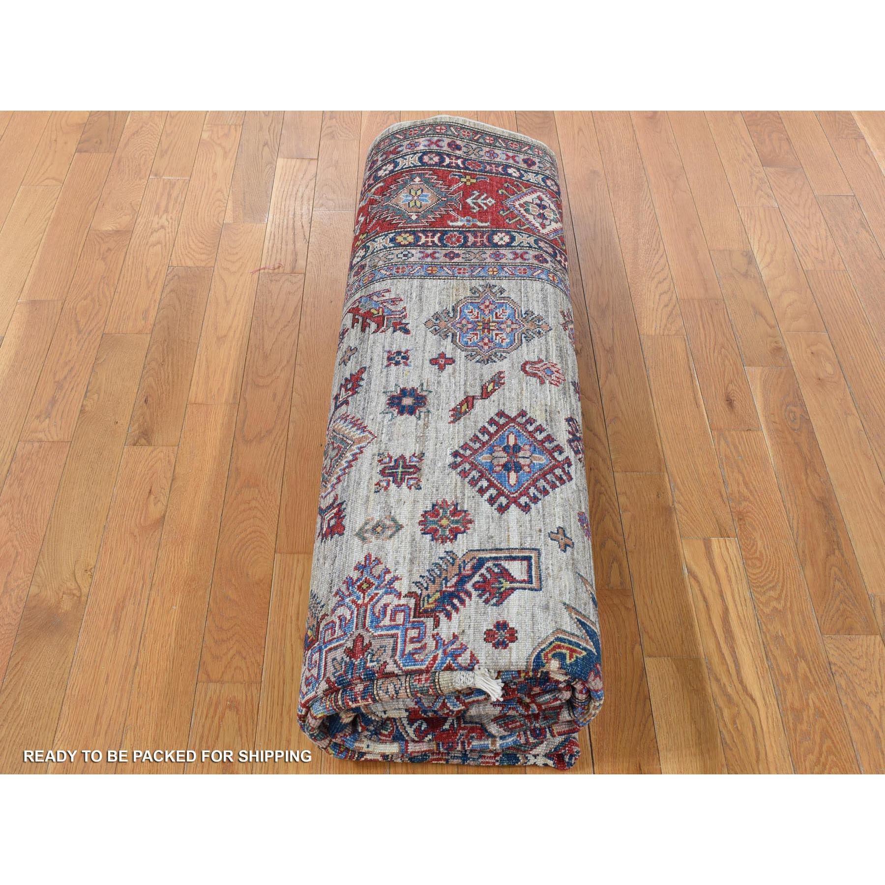Camel Color Afghan Geometrischer Super Kazak Handgeknüpfter Teppich aus reiner Wolle 8'4