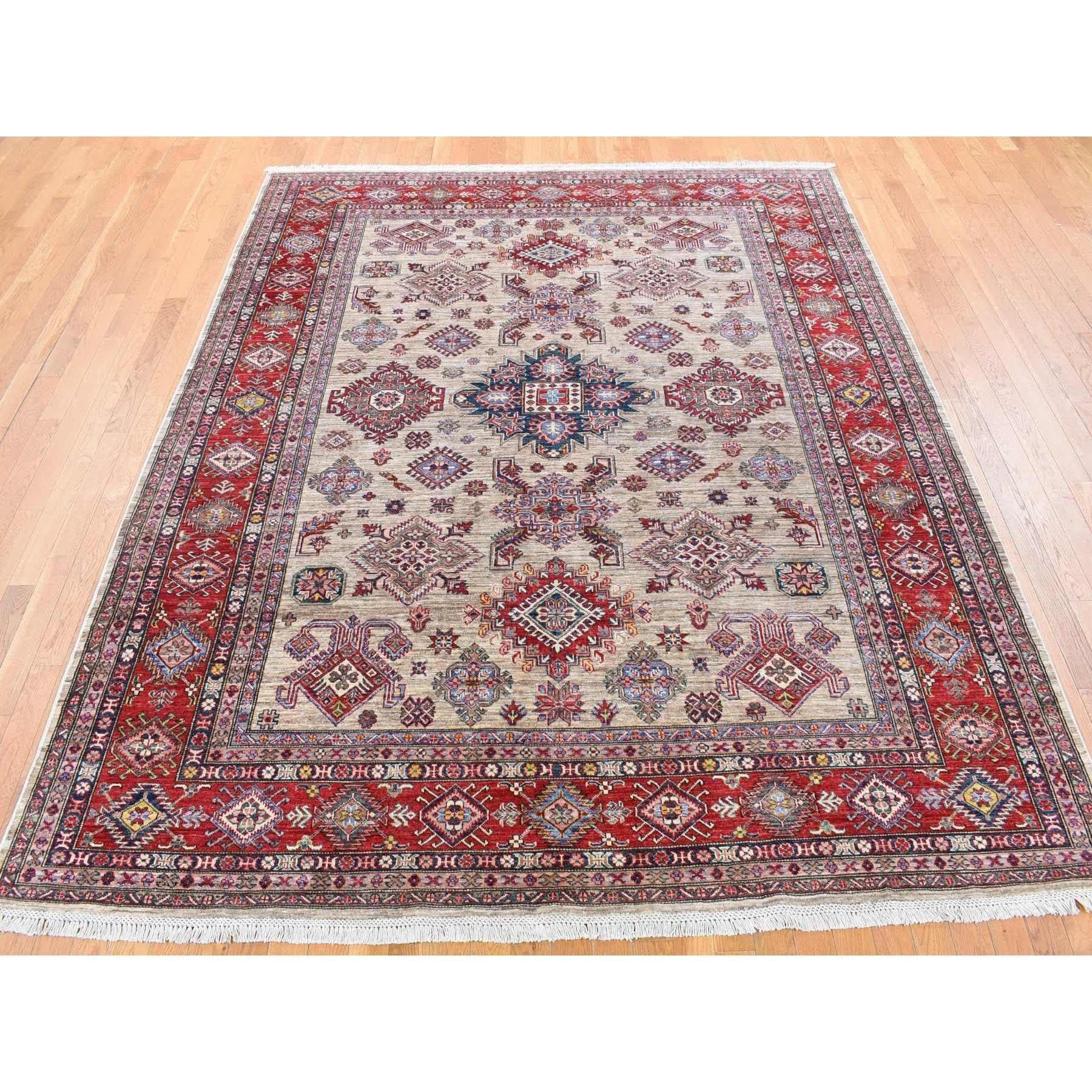 Camel Color Afghan Geometrischer Super Kazak Handgeknüpfter Teppich aus reiner Wolle 8'4