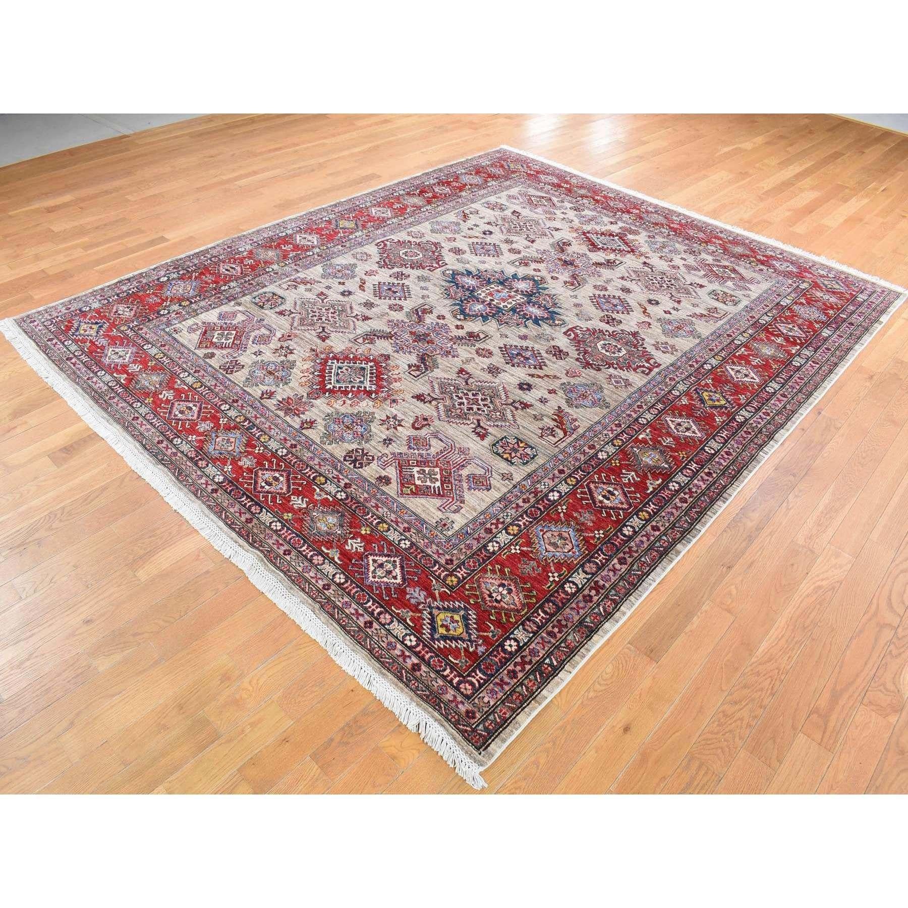 Camel Color Afghan Geometrischer Super Kazak Handgeknüpfter Teppich aus reiner Wolle 8'4