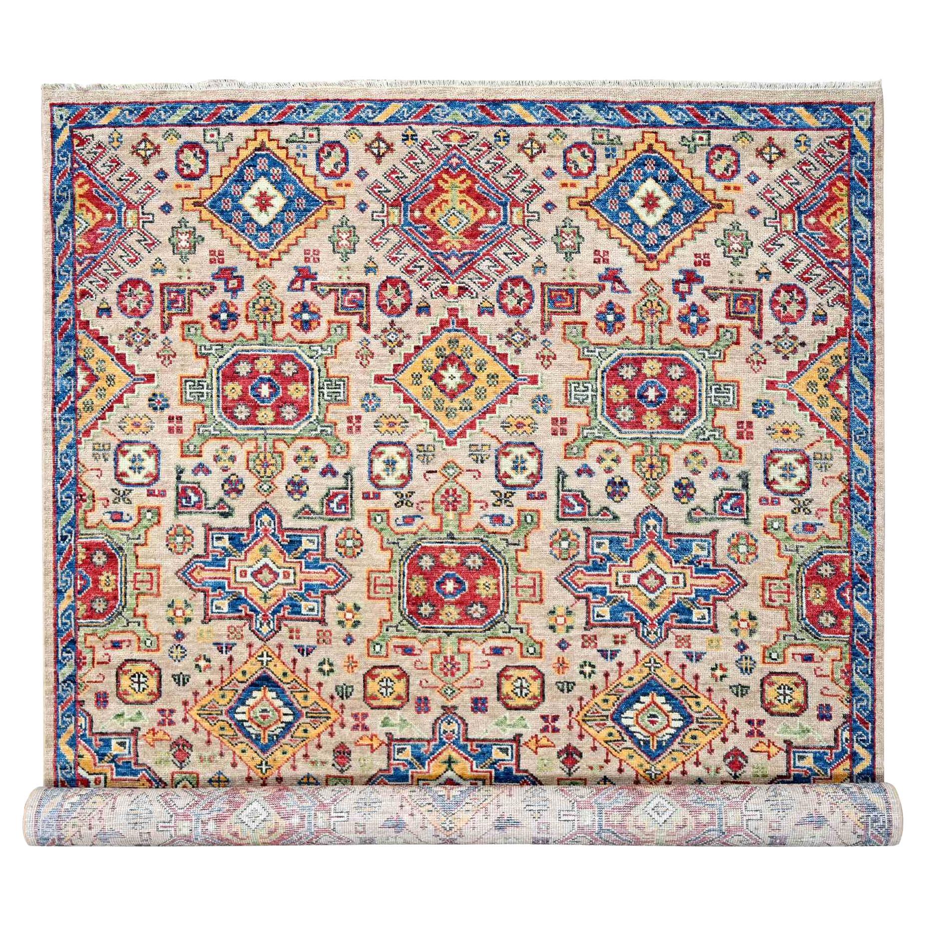 Camel Color Geometric Design Pure Wool Hand Knotted Oriental Rug 9'10" x 13'10"