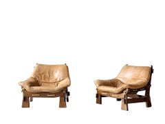 Camel Color Leather Pair Maison Regain Chairs, France, 1960s