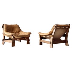Retro Camel Color Leather Pair Maison Regain Chairs, France, 1960s