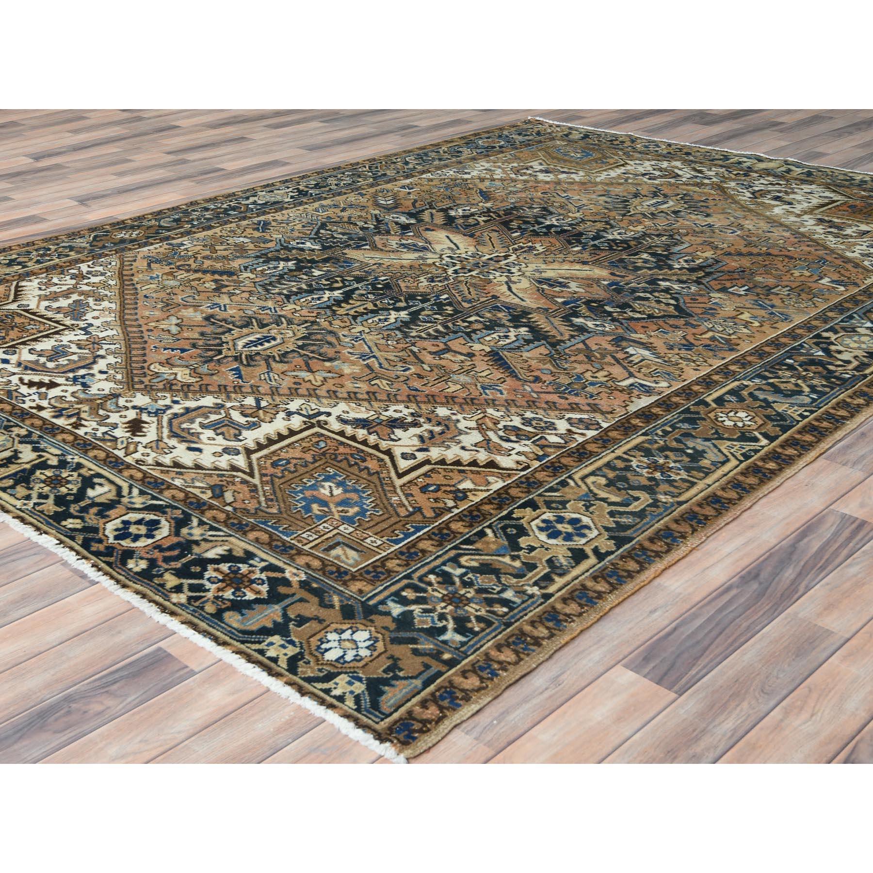 Hand-Knotted Camel Color Worn Wool Hand Knotted Vintage Persian Heriz Distressed Look Rug