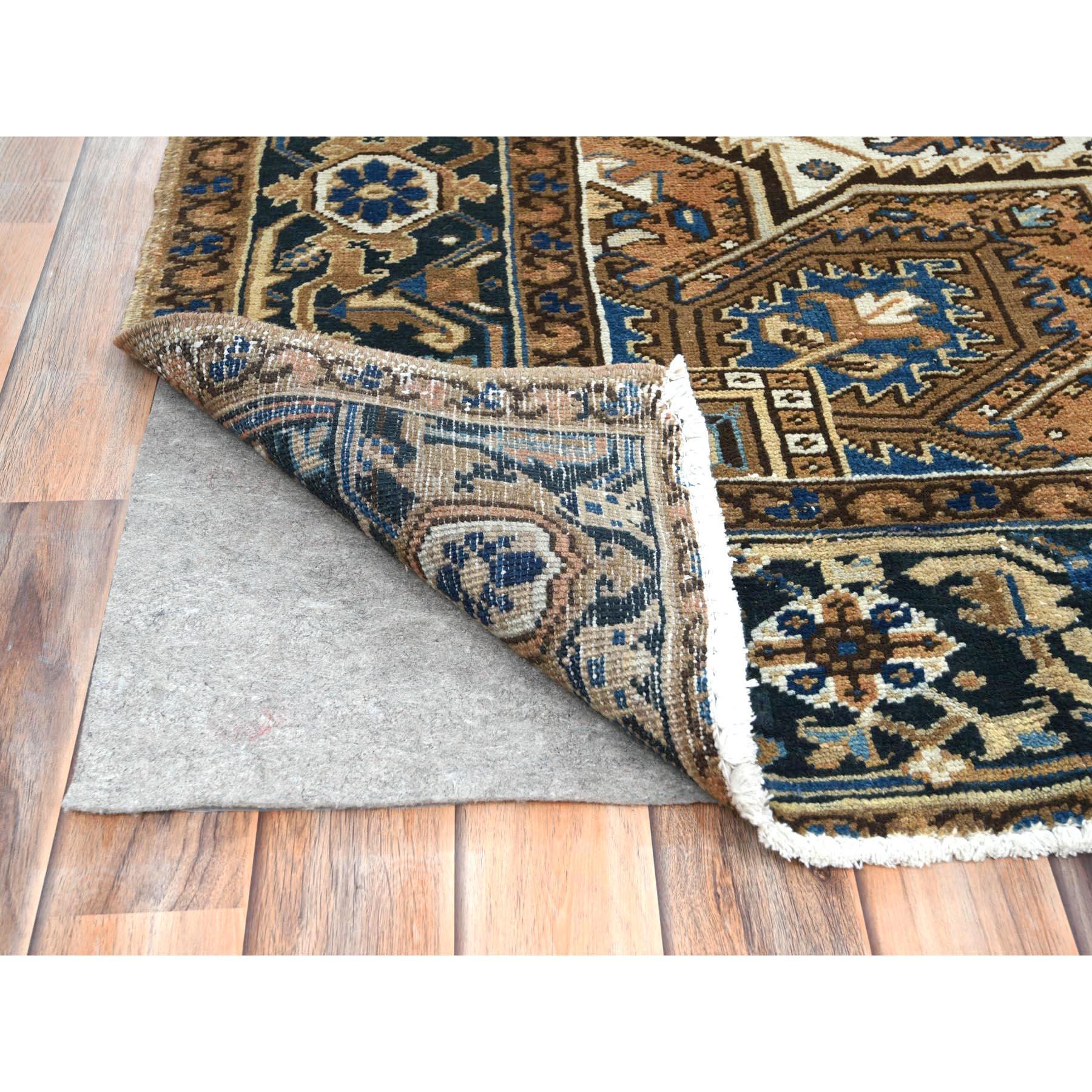 Camel Color Worn Wool Hand Knotted Vintage Persian Heriz Distressed Look Rug In Good Condition In Carlstadt, NJ