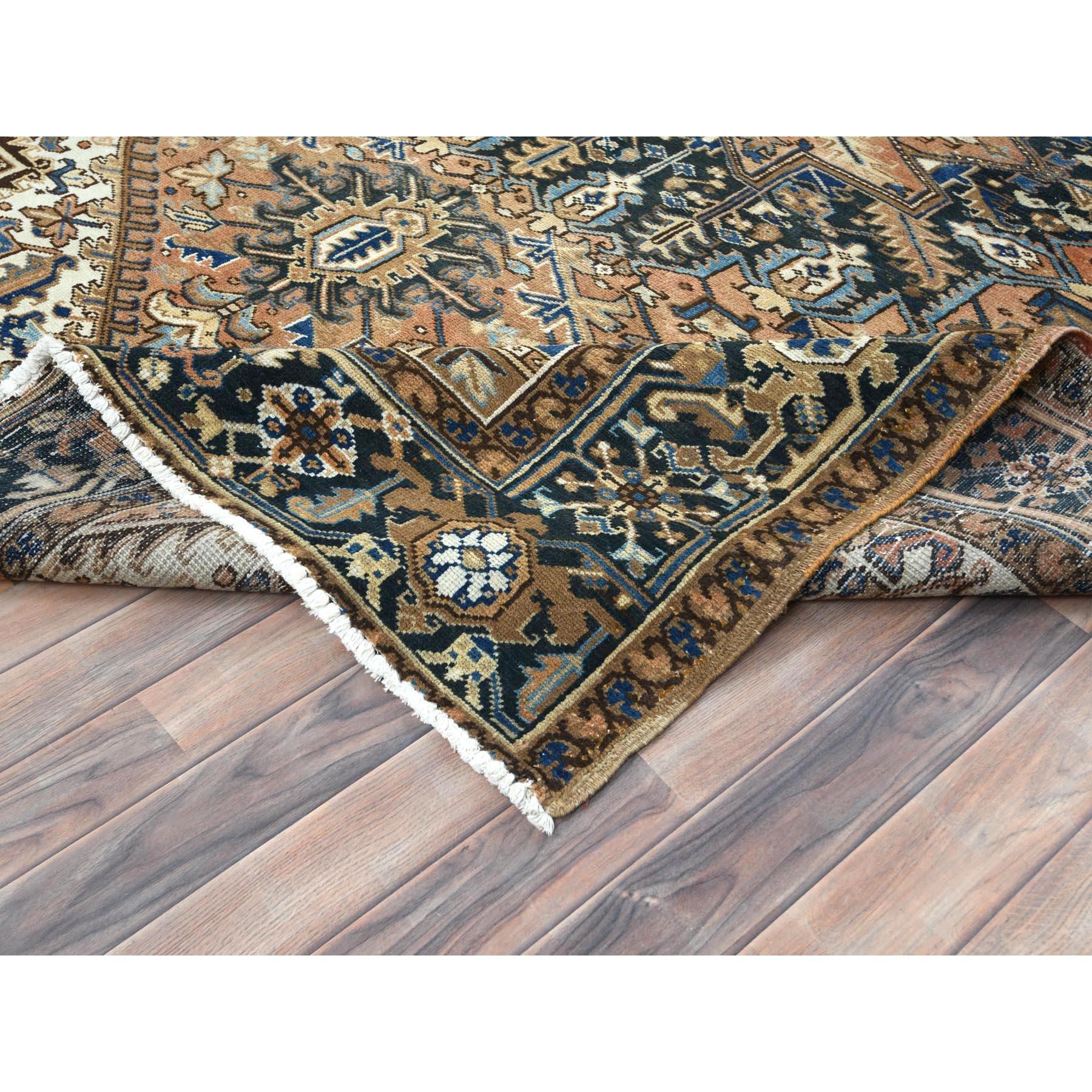Camel Color Worn Wool Hand Knotted Vintage Persian Heriz Distressed Look Rug 1