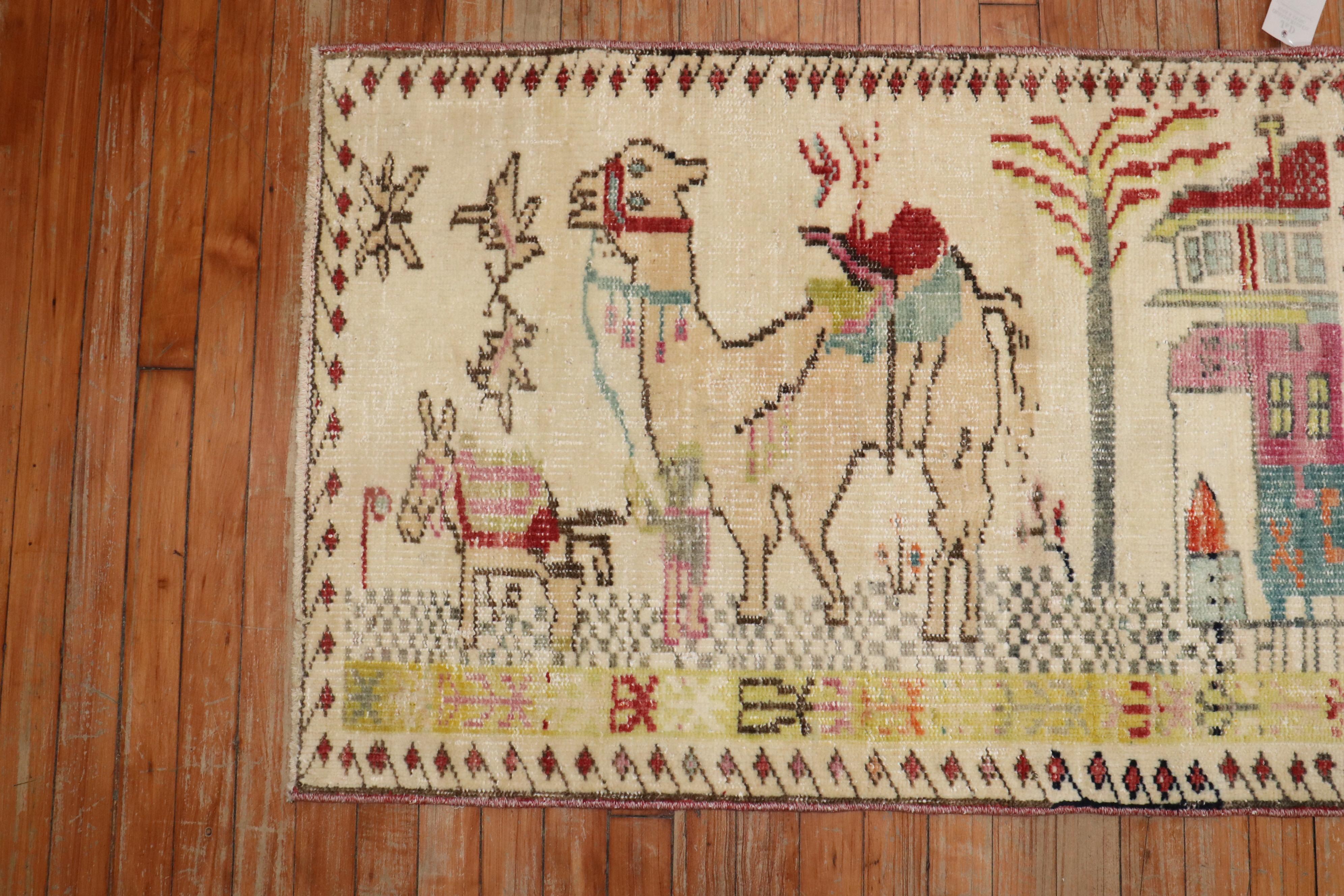 Folk Art Camel Donkey Anatolian Pictorial Rug For Sale