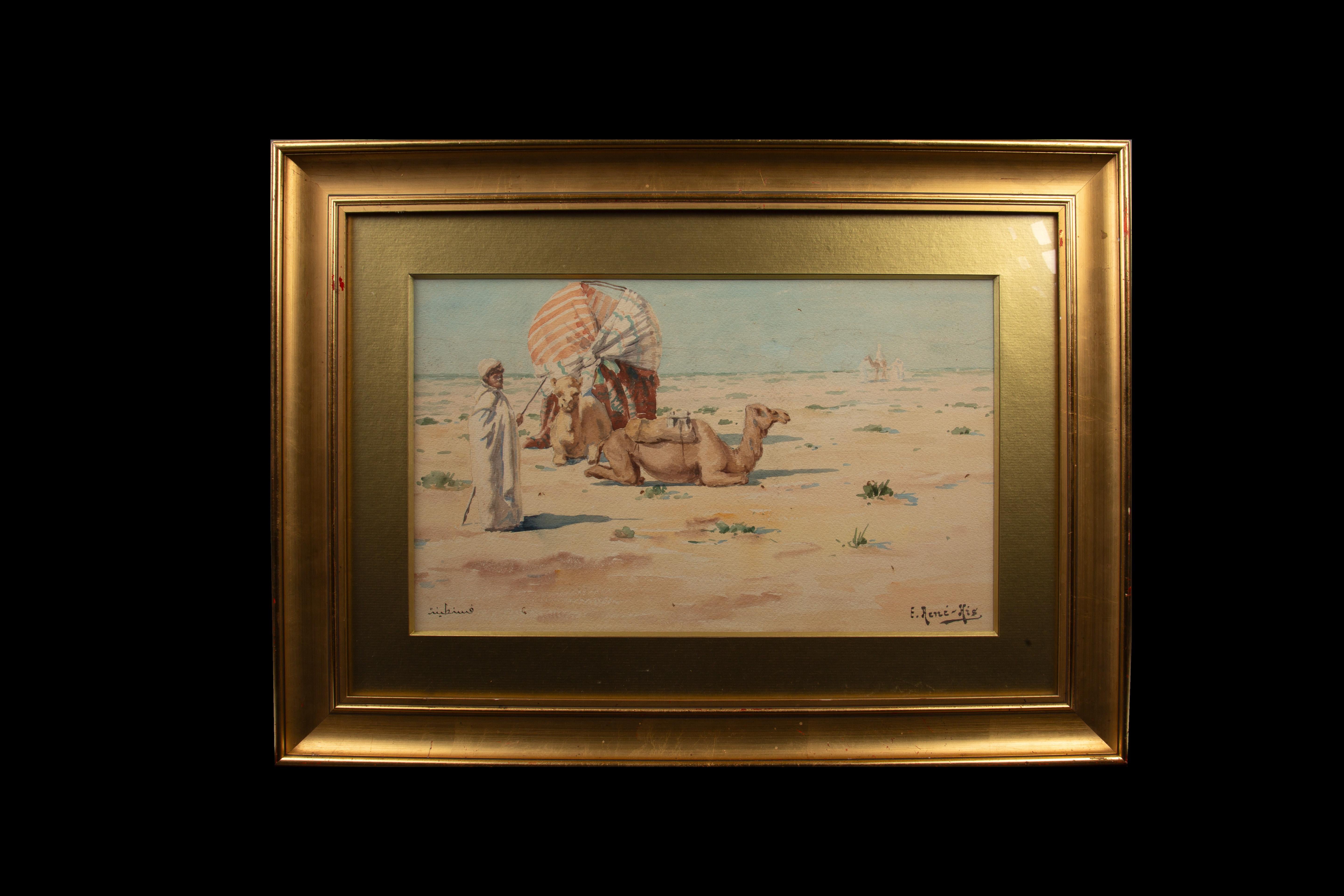 This captivating watercolor painting by René Charles Edmond HIS (1877-1960)(Signed) depicts a serene desert scene featuring a camel driver and his two camels resting in the arid landscape. One camel kneels calmly, while the other carries a heavy