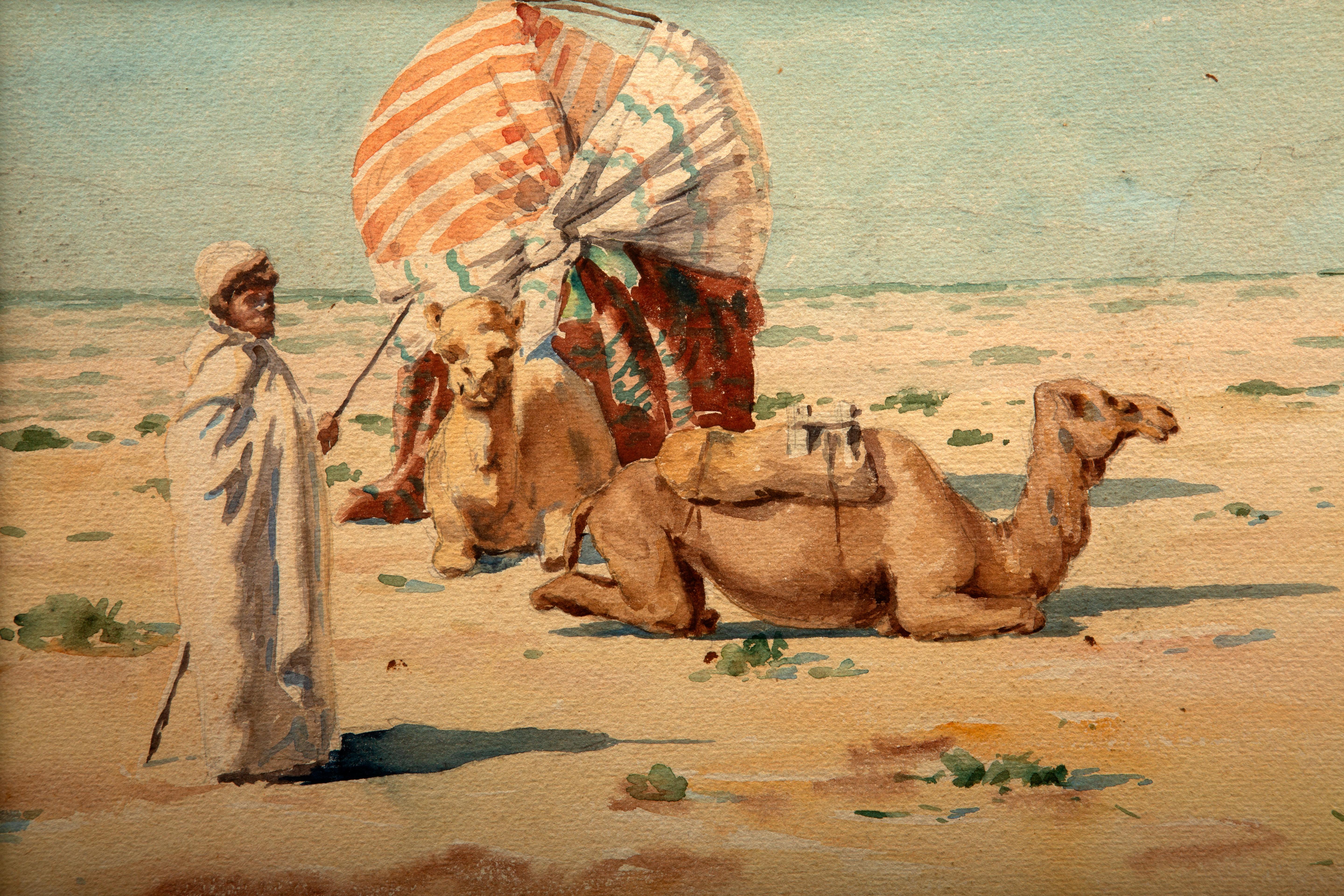 French Camel Driver with Resting Camels in the Desert