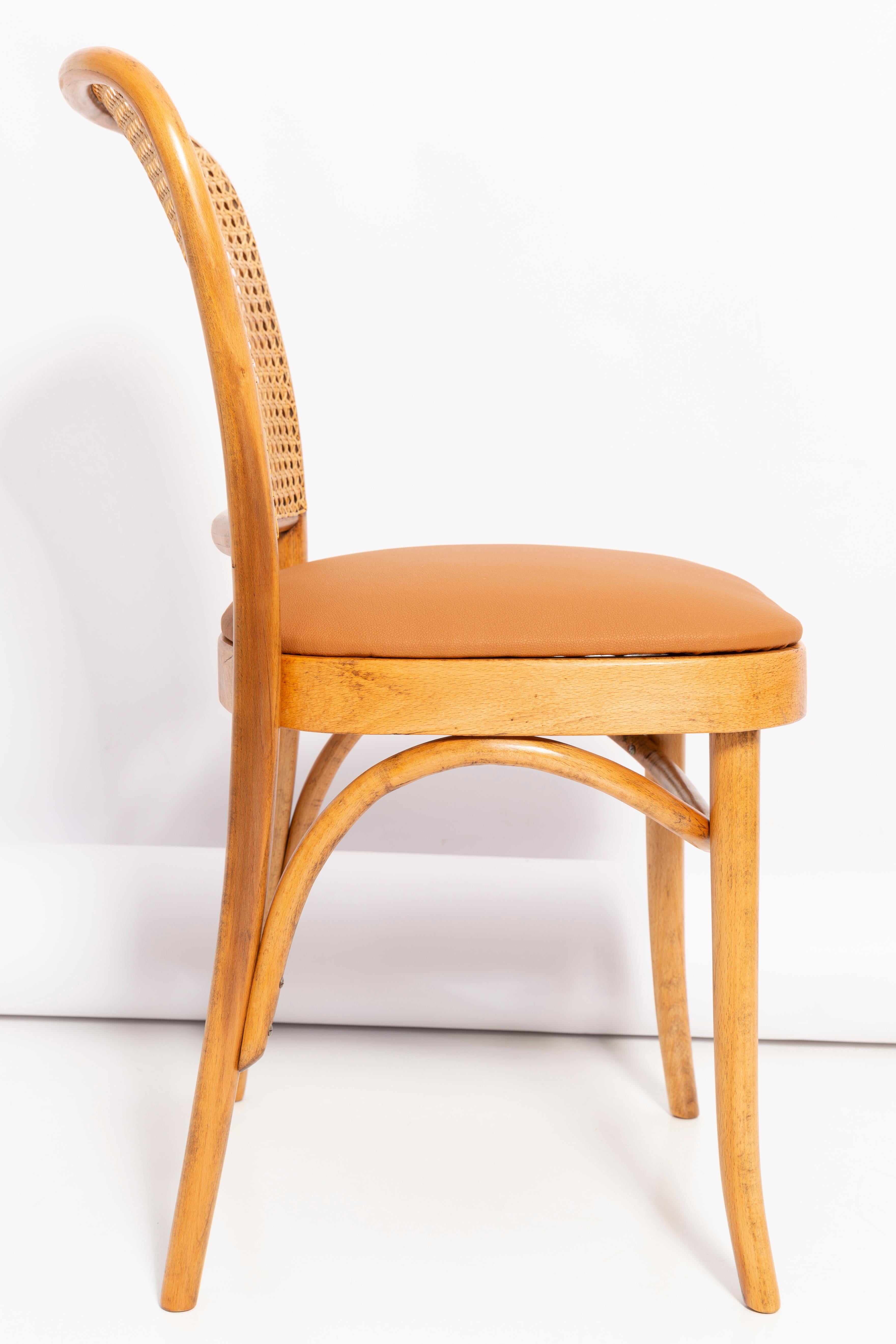 Hand-Carved Camel Faux Leather Thonet Wood Rattan Chair, 1960s For Sale