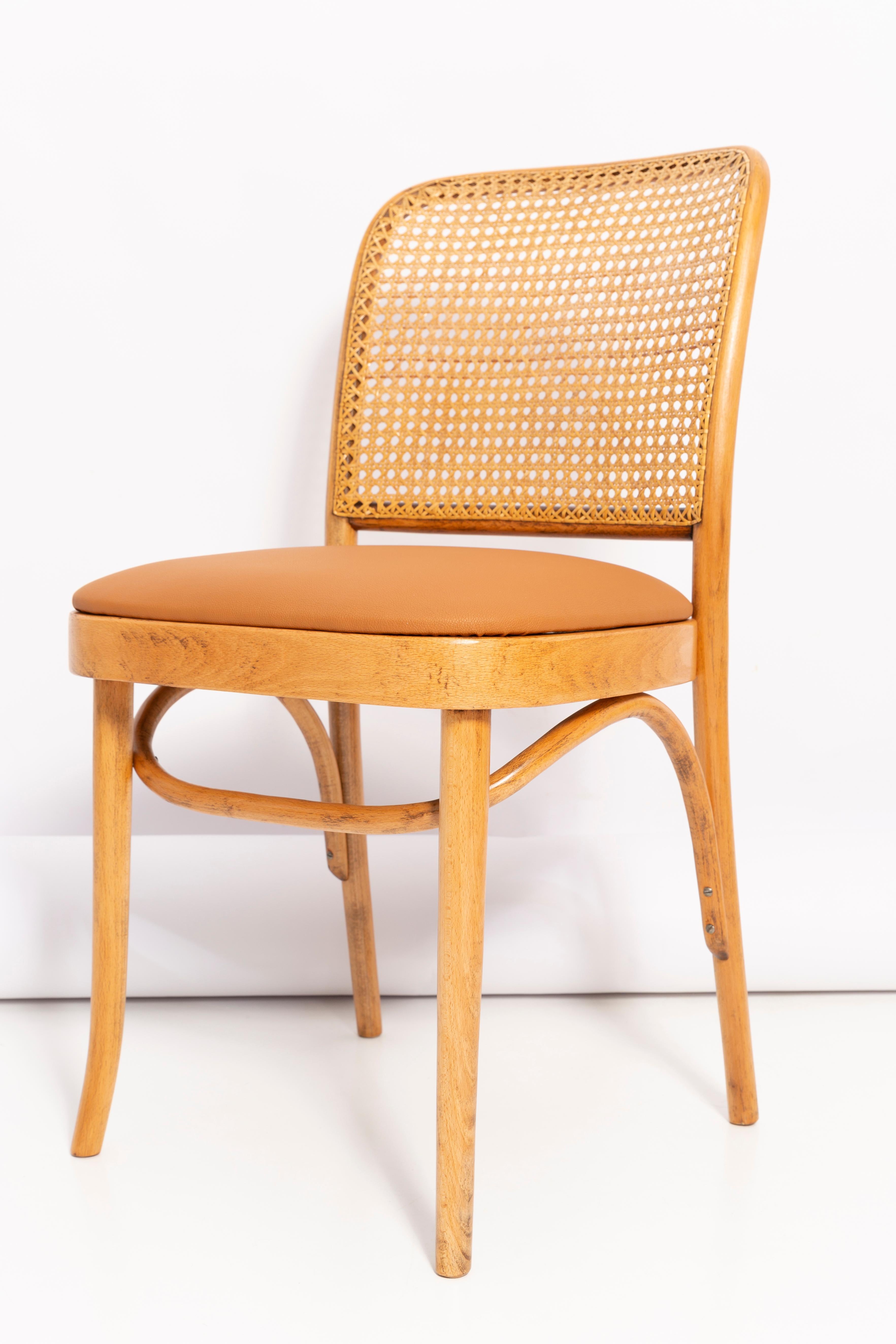 Camel Faux Leather Thonet Wood Rattan Chair, 1960s For Sale 1