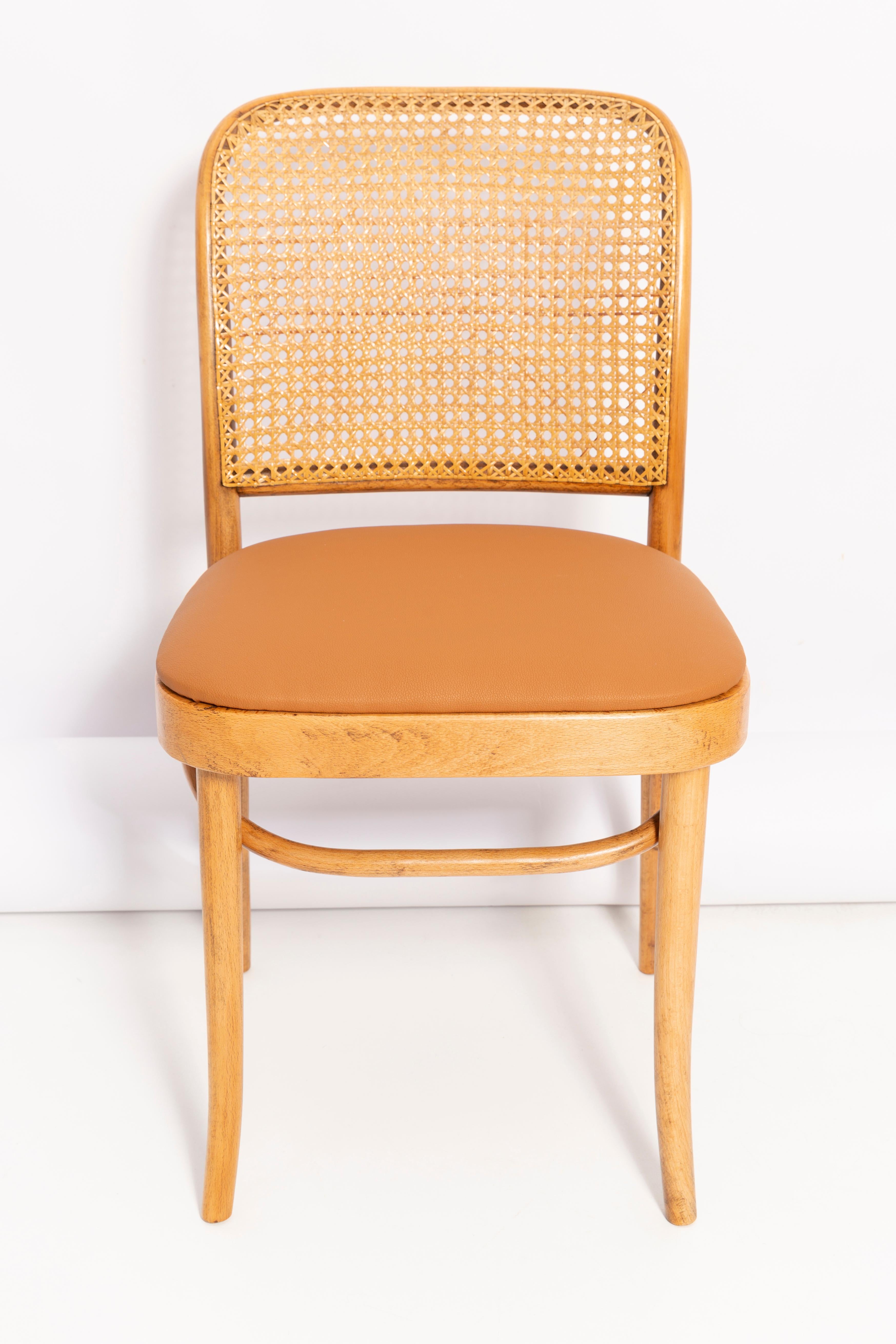 Camel Faux Leather Thonet Wood Rattan Chair, 1960s For Sale 2