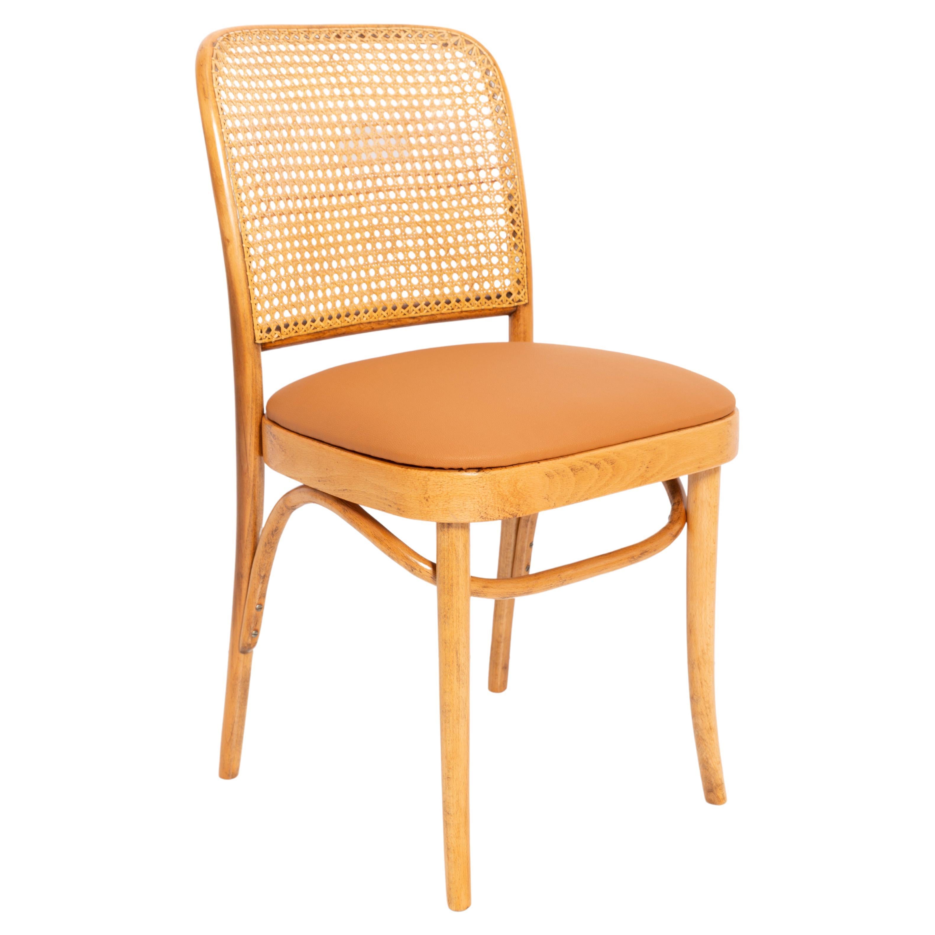 Camel Faux Leather Thonet Wood Rattan Chair, 1960s For Sale