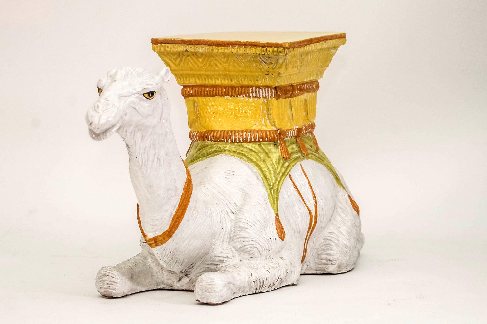 Vintage Italian camel garden seat. Highly decorative terra cotta in white, yellow, orange, red and chartreuse.
 