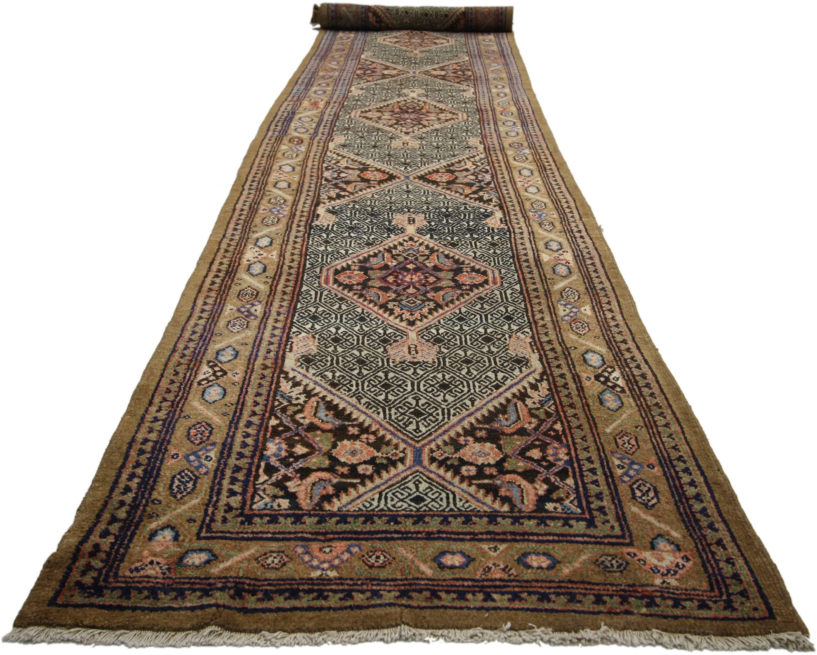 Hand-Knotted Camel Hair Antique Persian Malayer Extra-Long Runner with Arts and Crafts Style