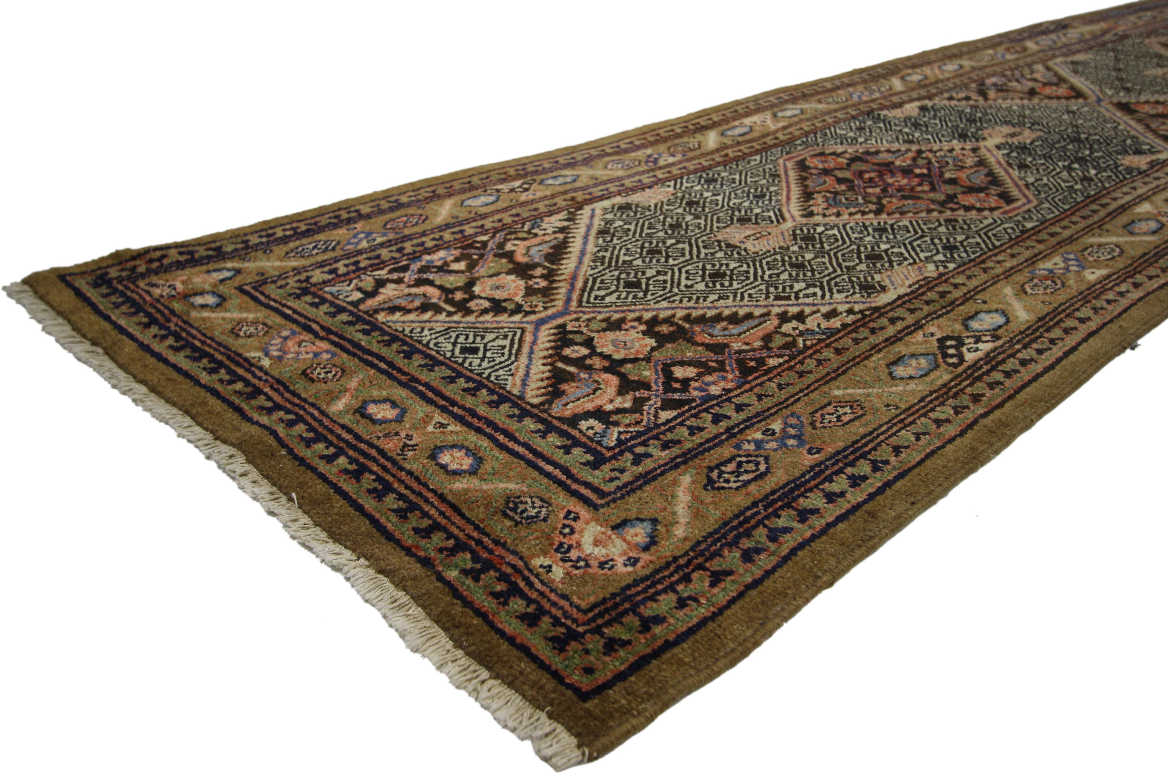 50666 Camel Hair Antique Persian Malayer Extra-Long Runner with Arts and Crafts Style 03'00 x 19'03. With a bold geometric form and Arts and Crafts style, this hand knotted wool antique Persian Malayer runner  astounds with its beauty. Warm