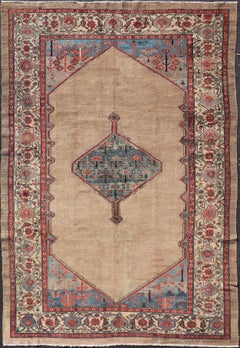 Camel Hair Antique Persian Serab Rug in Camel Color Background, Blue, Salmon