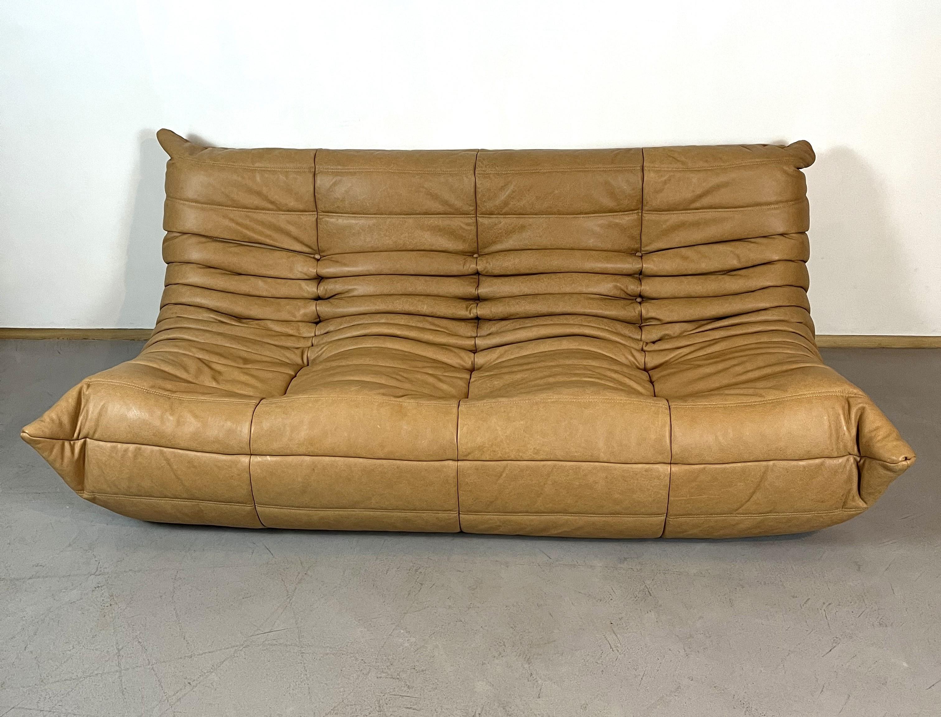 Mid-Century Modern Camel leather Togo Sofa by Michel Ducaroy for Ligne Roset, Set of 5 pieces For Sale
