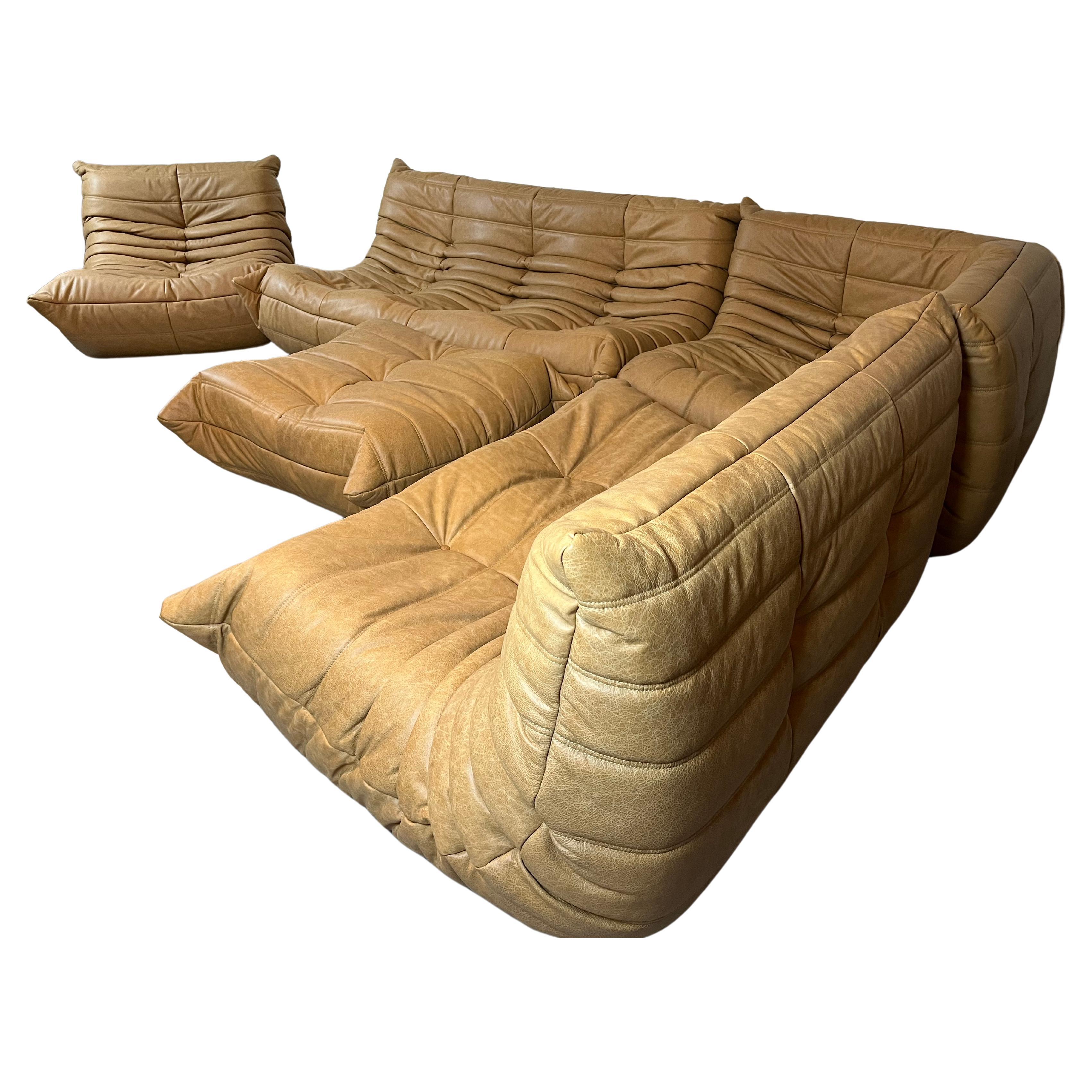 Camel leather Togo Sofa by Michel Ducaroy for Ligne Roset, Set of 5 pieces