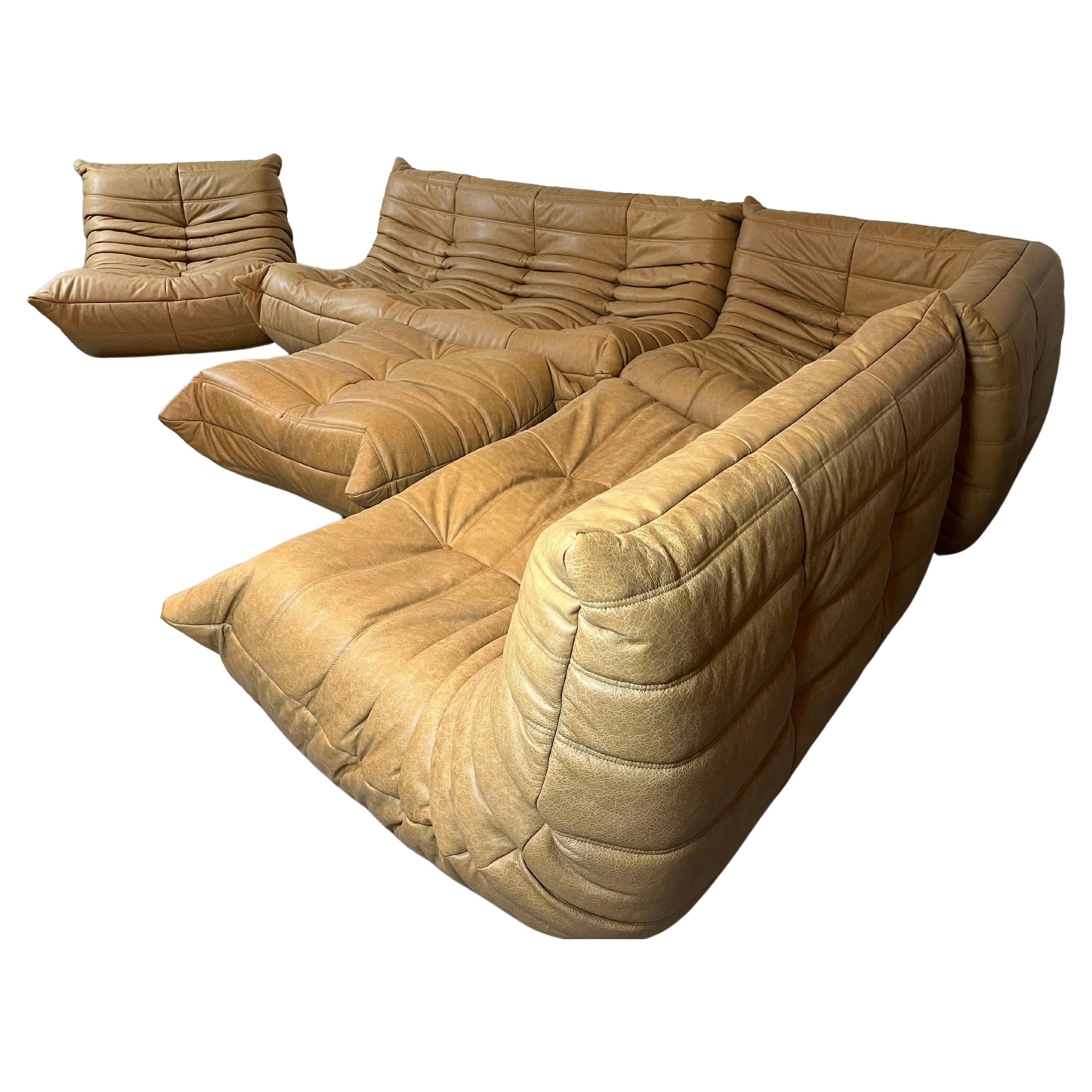 Camel leather Togo Sofa by Michel Ducaroy for Ligne Roset, Set of 5 pieces For Sale