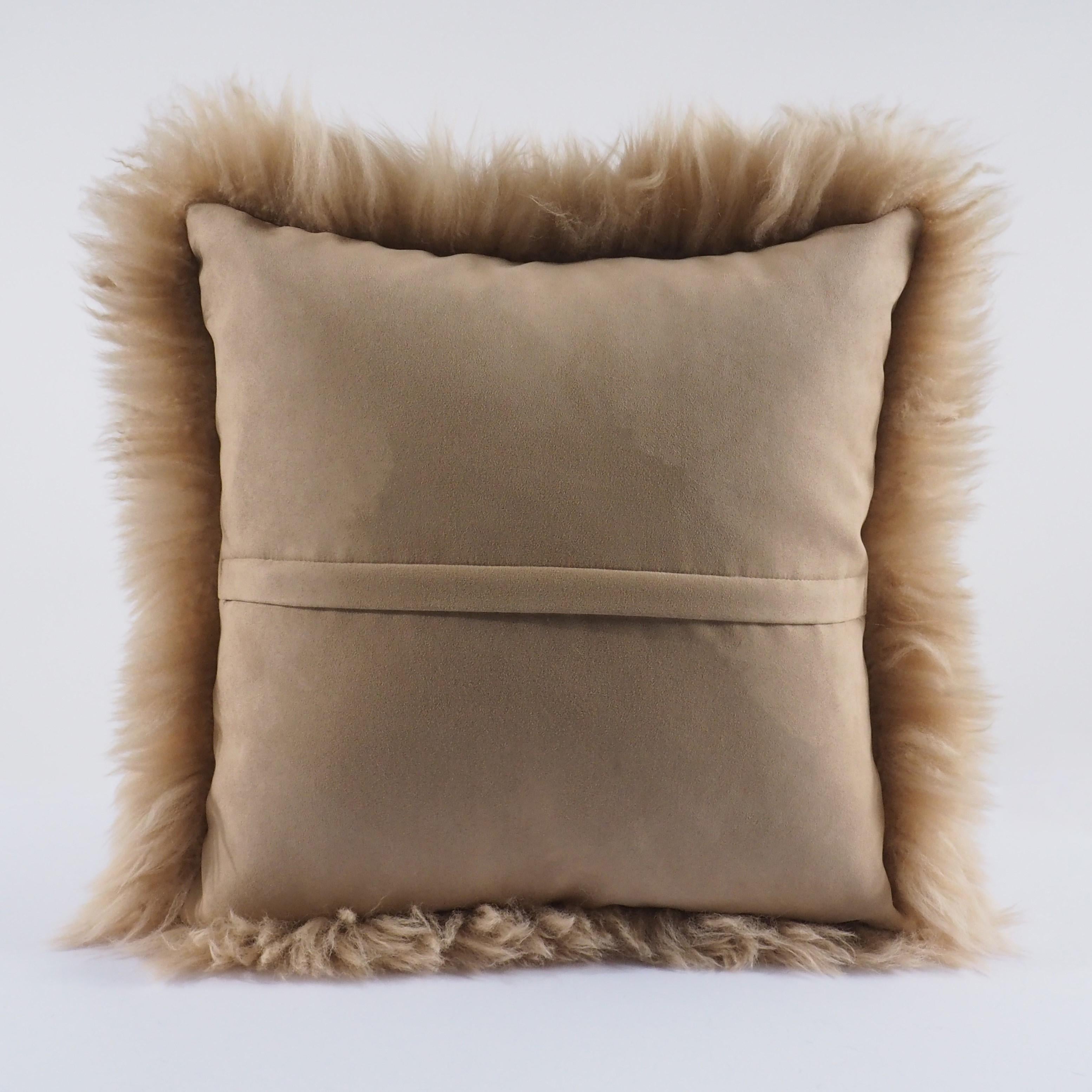 Italian Camel Light Ollengo Shearling Sheepskin Pillow Fluffy Cushion by Muchi Decor For Sale