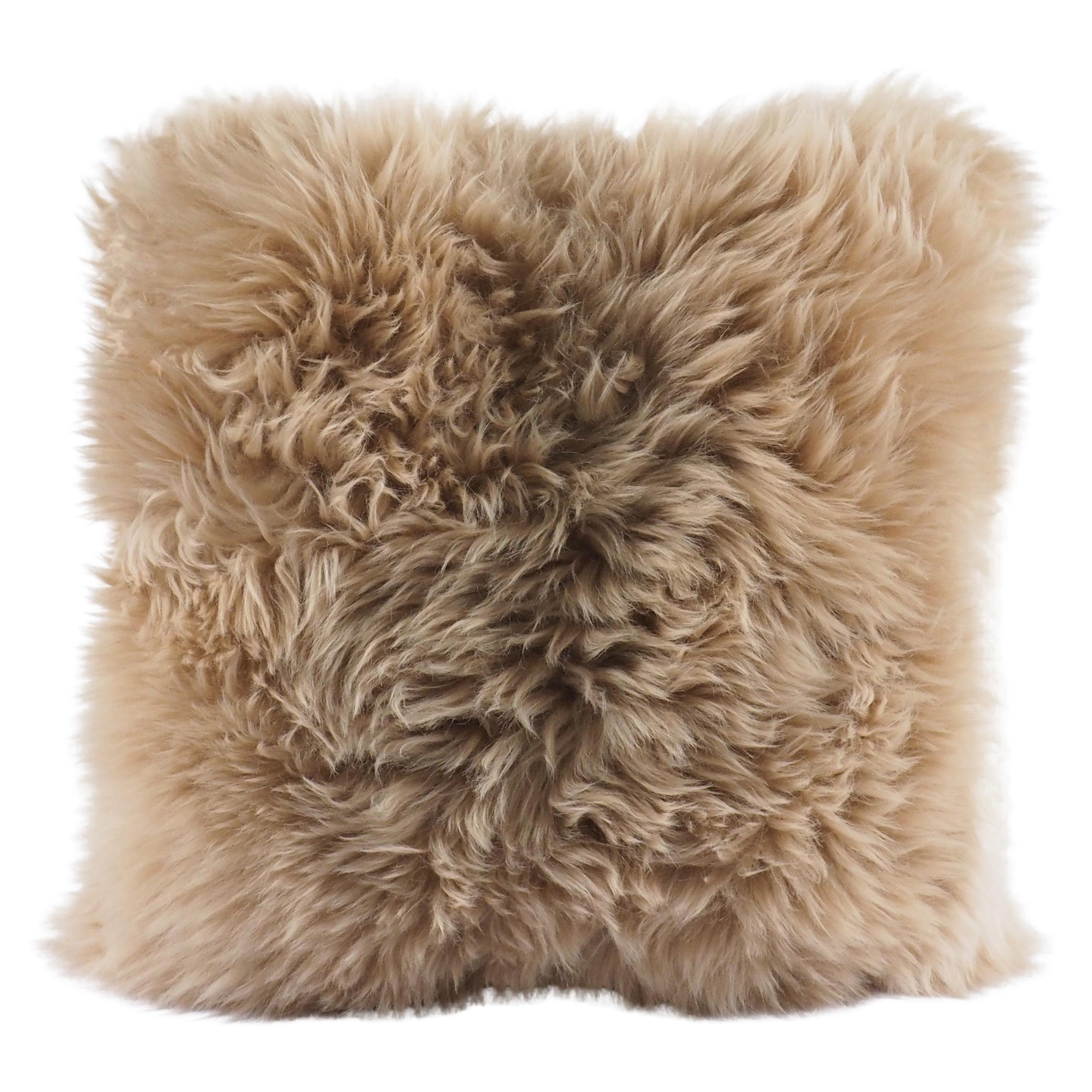 Camel Light Ollengo Shearling Sheepskin Pillow Fluffy Cushion by Muchi Decor For Sale