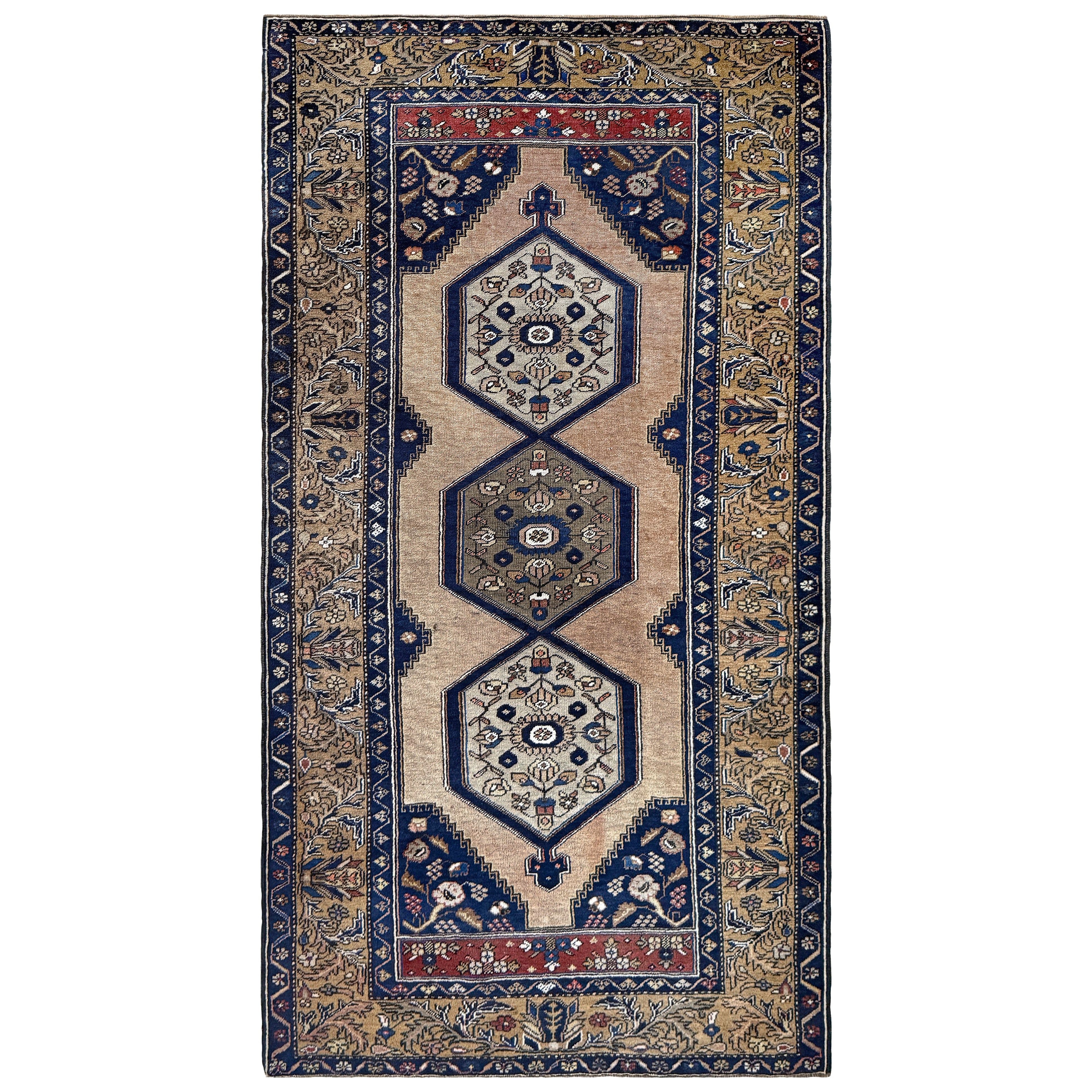 Camel 
Navy Yahyali • Handmade Vintage Turkish Village Rug (4
x8
) en vente