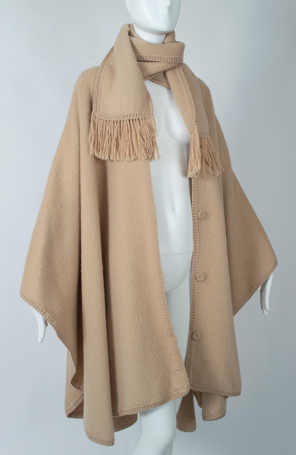 Brown Camel Peruvian Alpaca Poncho with Attached Scarf, Jacome Estate - One Size, 1960