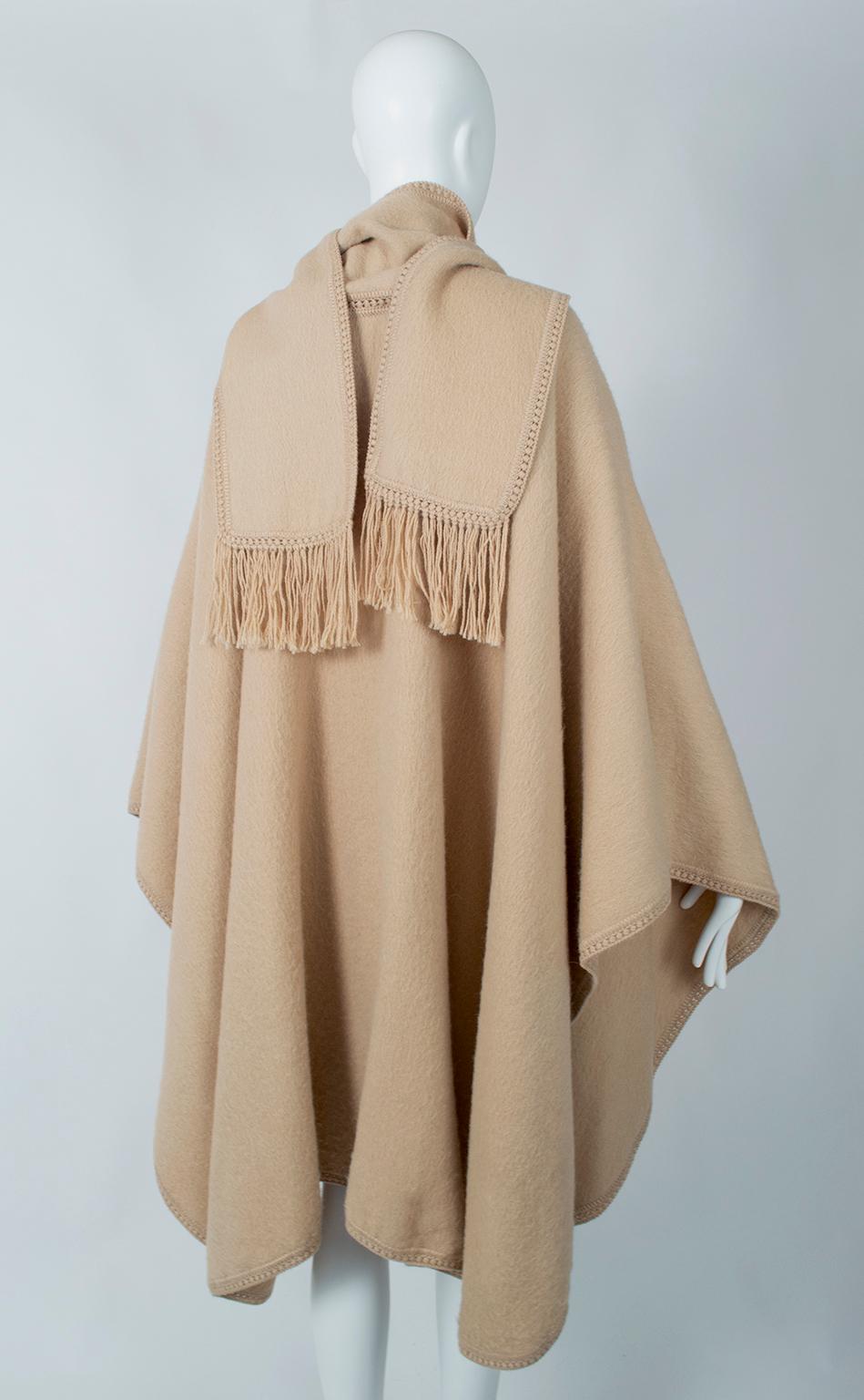 Camel Peruvian Alpaca Poncho with Attached Scarf, Jacome Estate - One Size, 1960 1