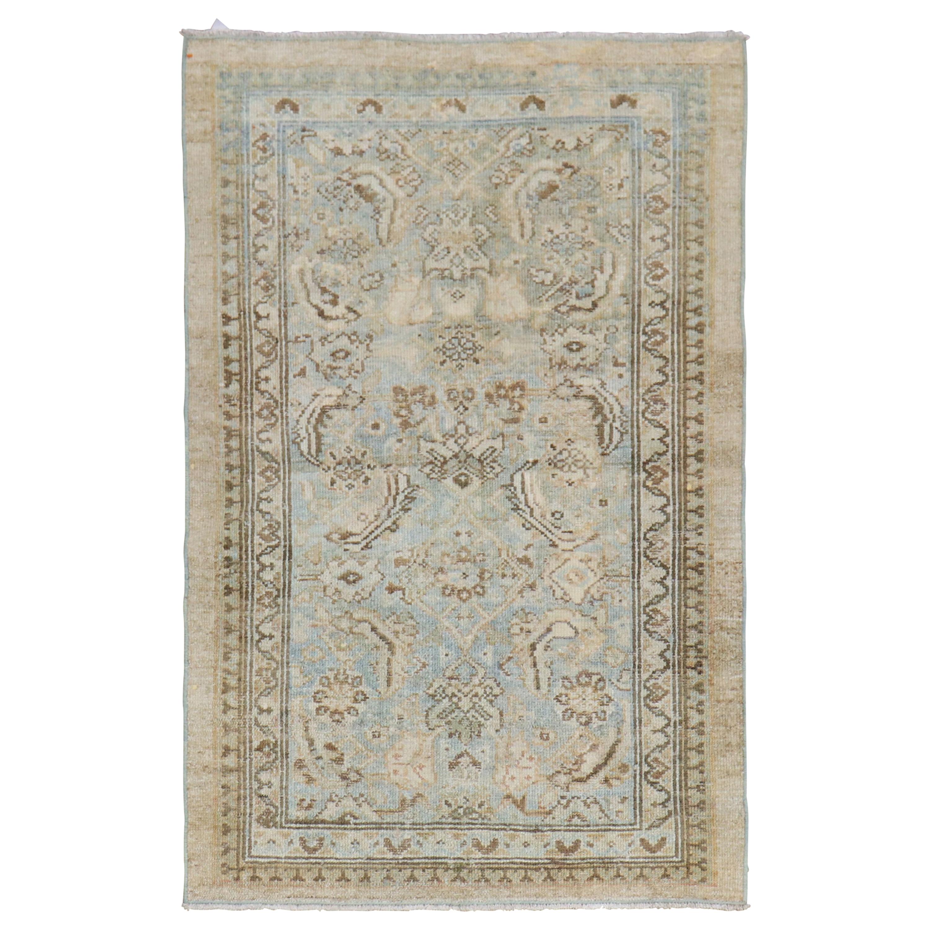 Camel Powder Blue Antique Persian Serab Decorative Rug Mat For Sale