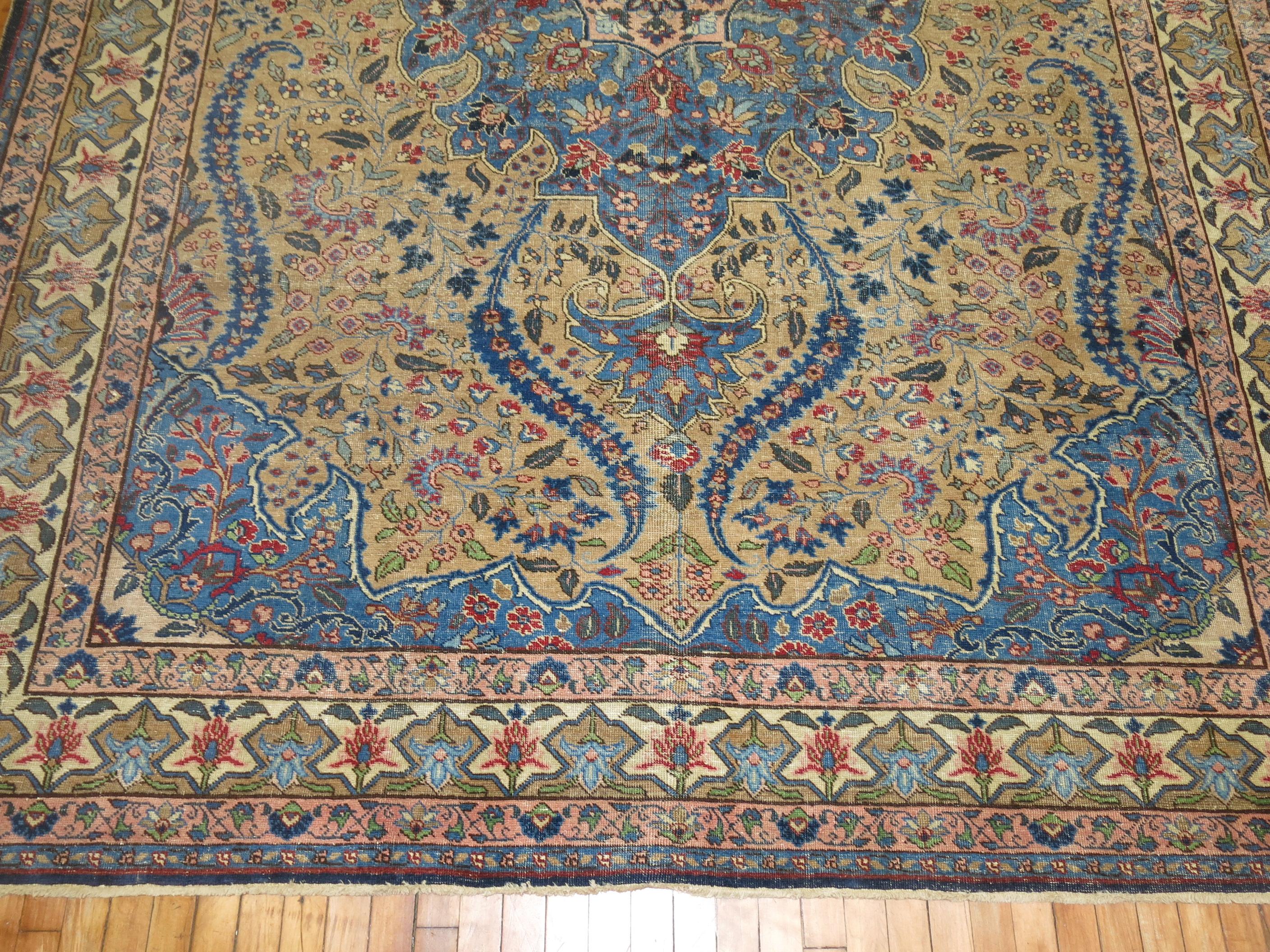 Hand-Woven Camel Royal Blue Persian Tabriz Rug