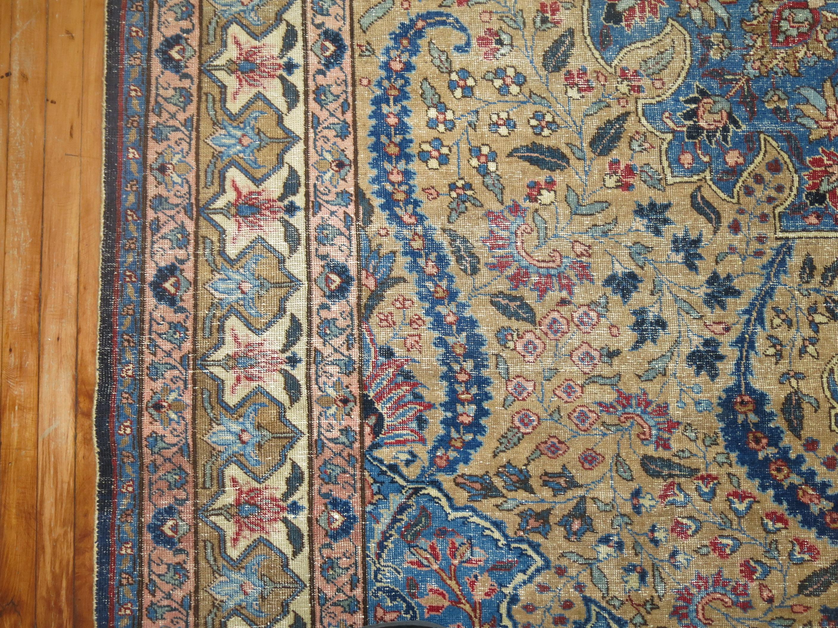 Camel Royal Blue Persian Tabriz Rug In Good Condition In New York, NY