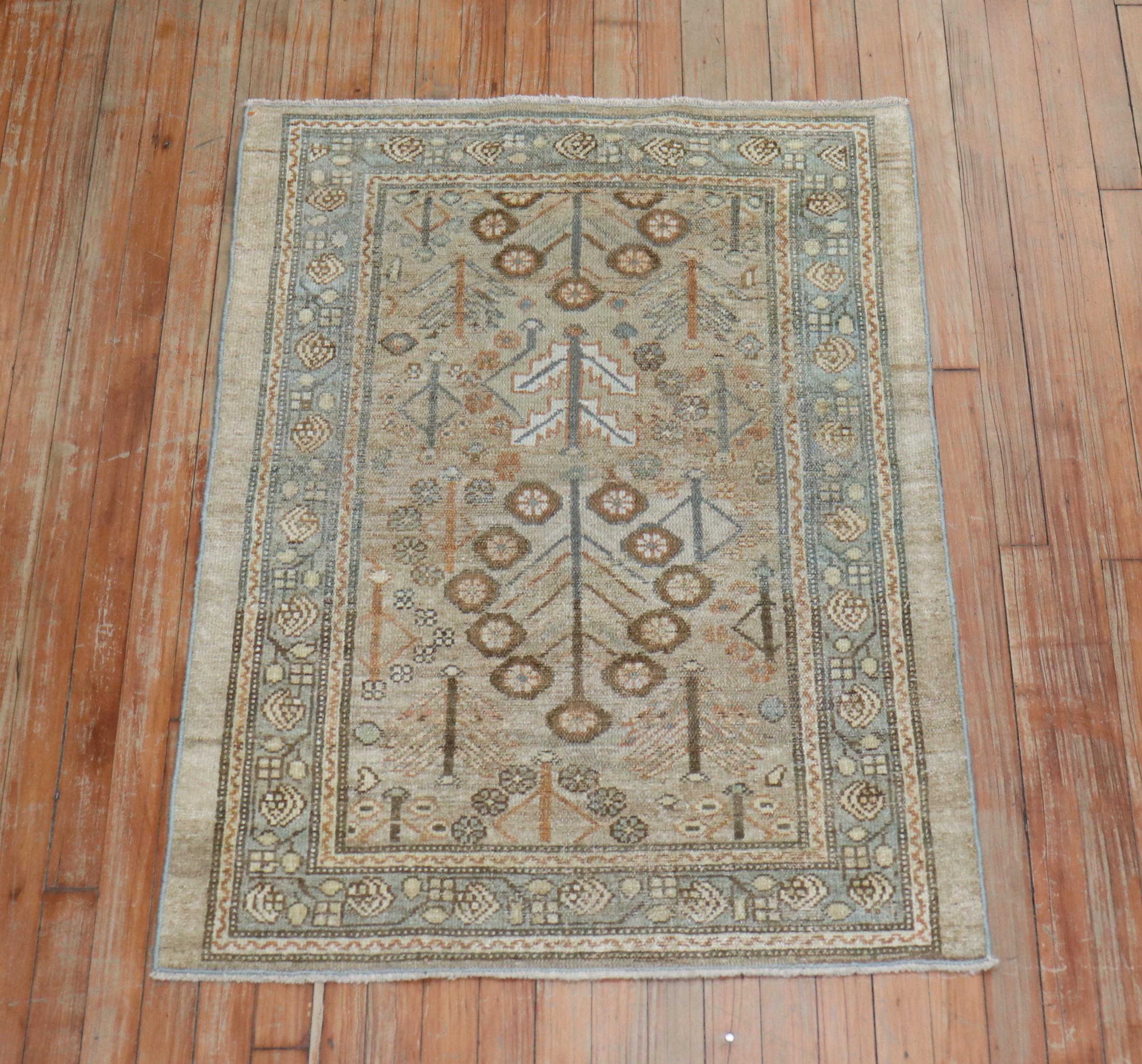 An early 20th century traditional Persian Serab mat in soft brown and sea foam accents on a camel ground

Measures: 2'10