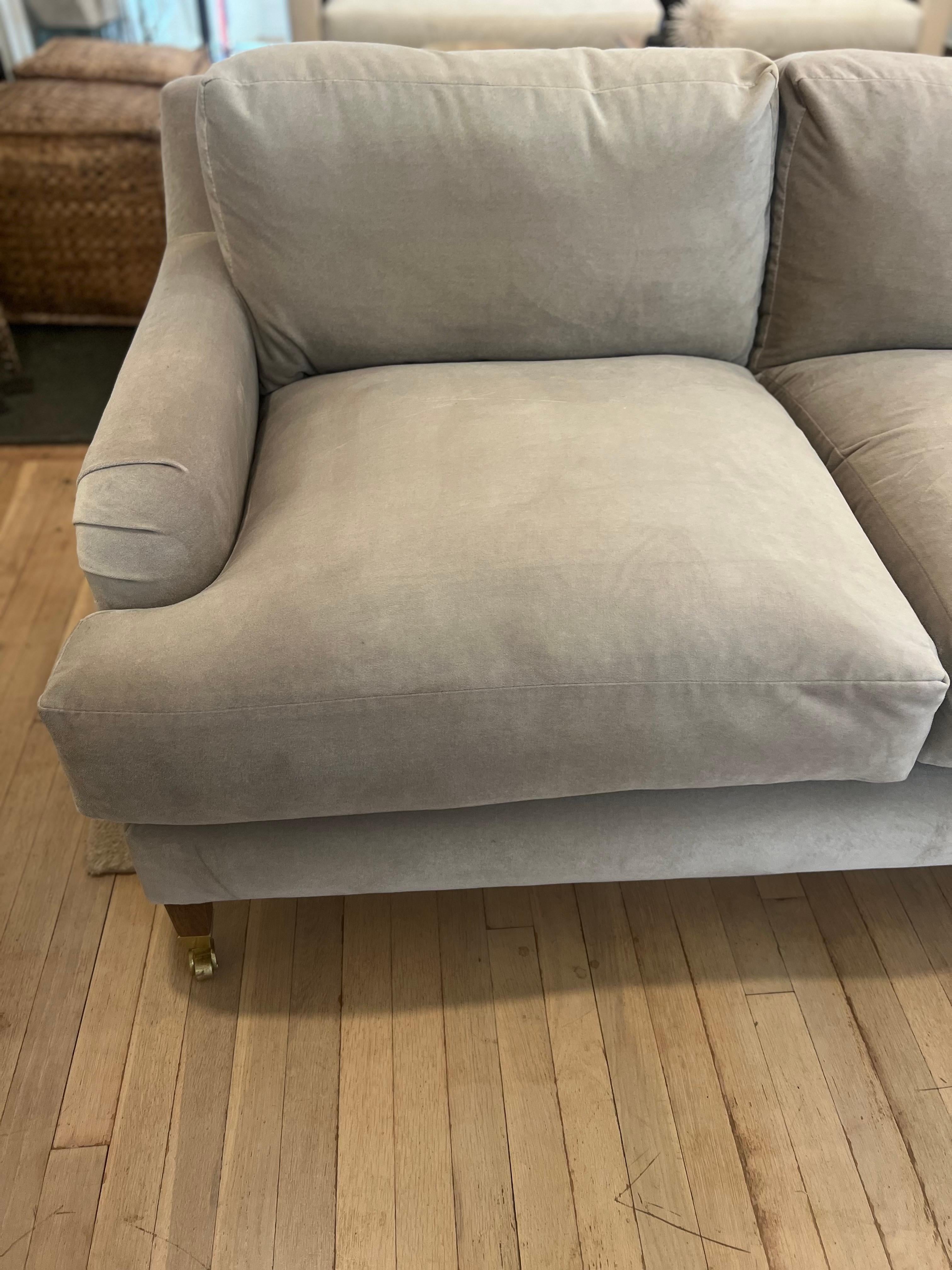 American Camel Velvet English Roll Arm Modern Sofa on Brass Castors