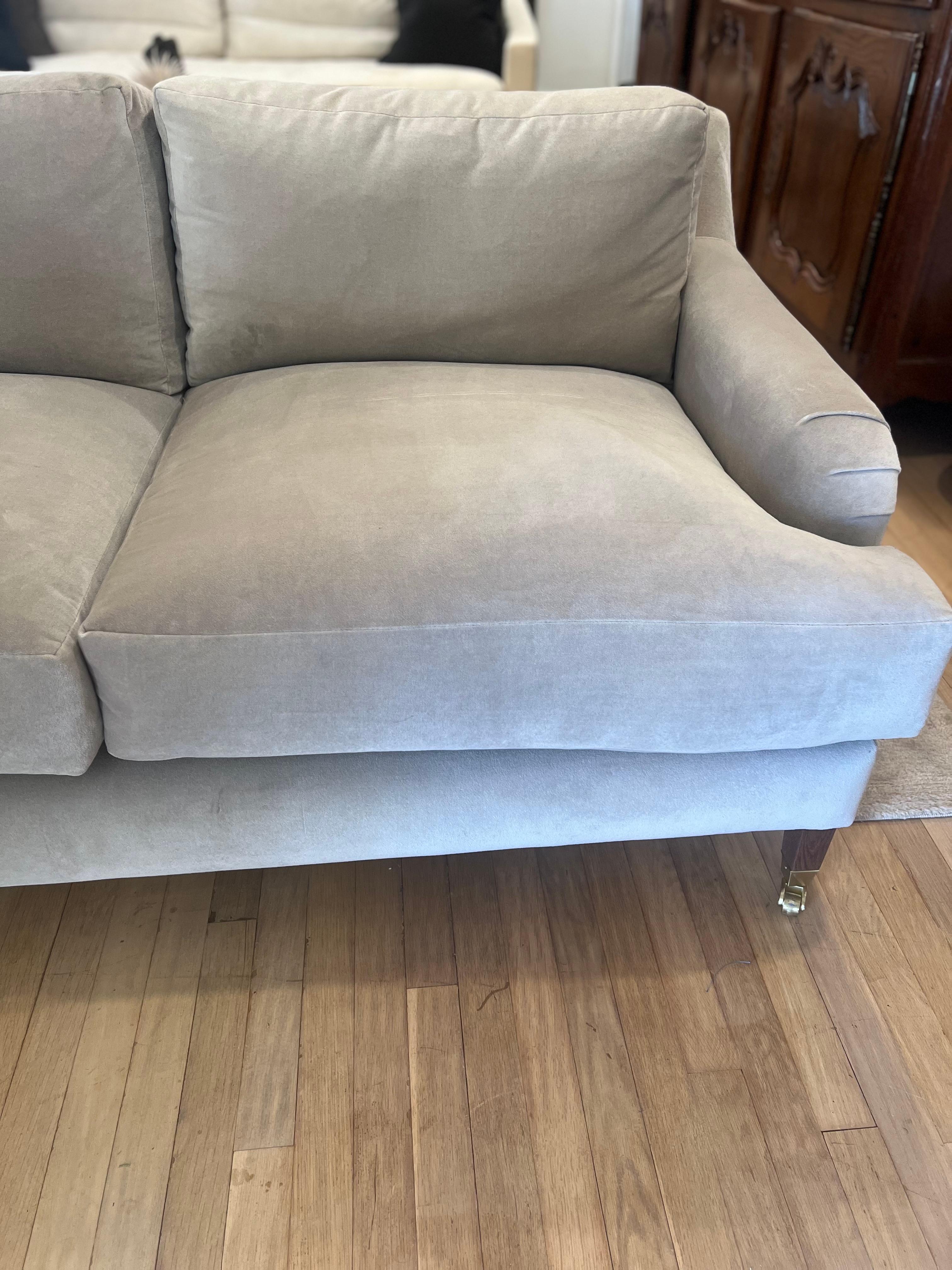 Camel Velvet English Roll Arm Modern Sofa on Brass Castors In Good Condition In Los Angeles, CA